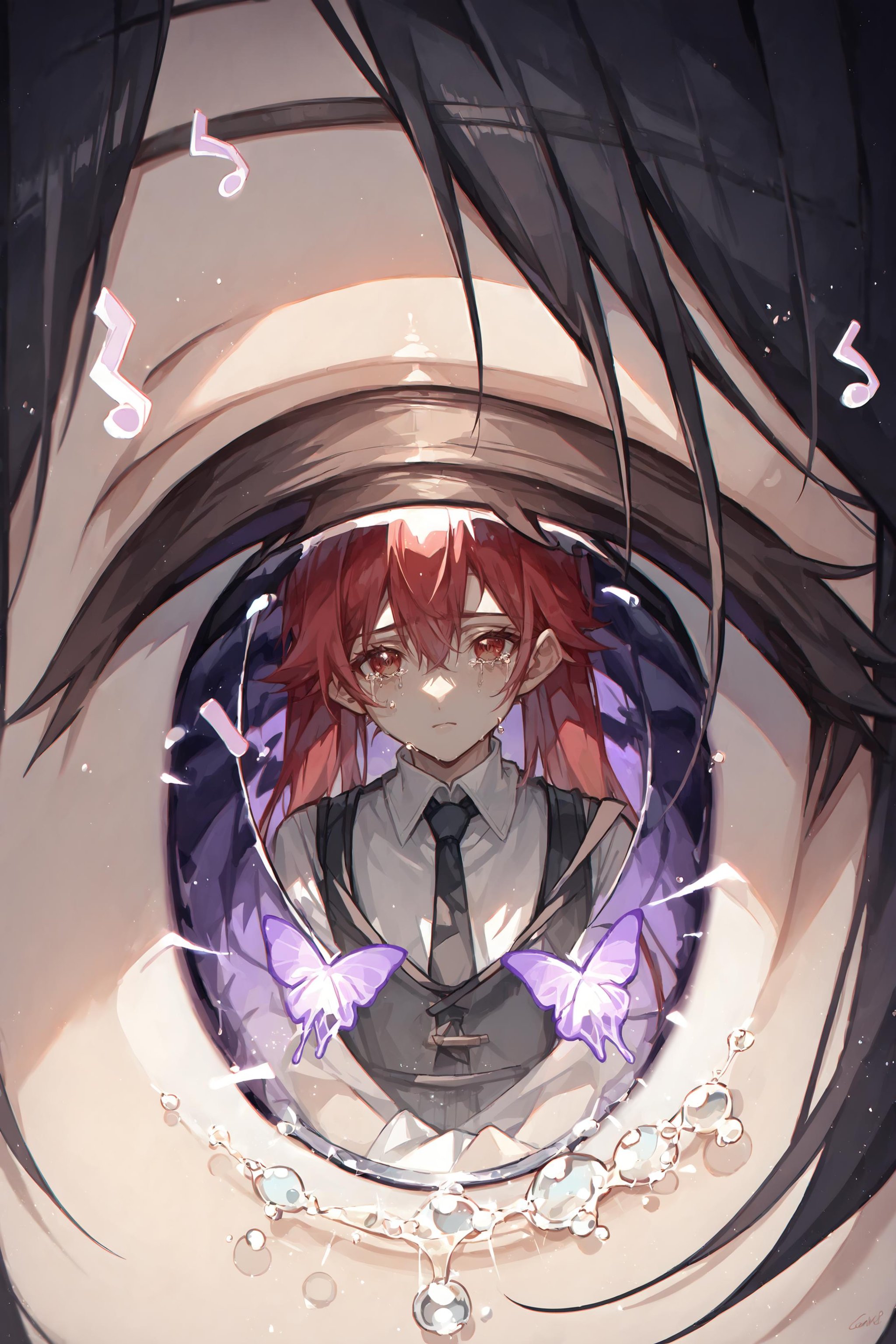 (score_9, score_8_up, score_7_up) BREAK source_anime,eye reflection,purple eye,black bangs,musical note,butterfly,tears,1girl,solo,red hair,twintails,long hair,red eyes,white shirt,black vest,black necktie,crying,looking at viewer,upper body,<lora:eye_reflection:1>,