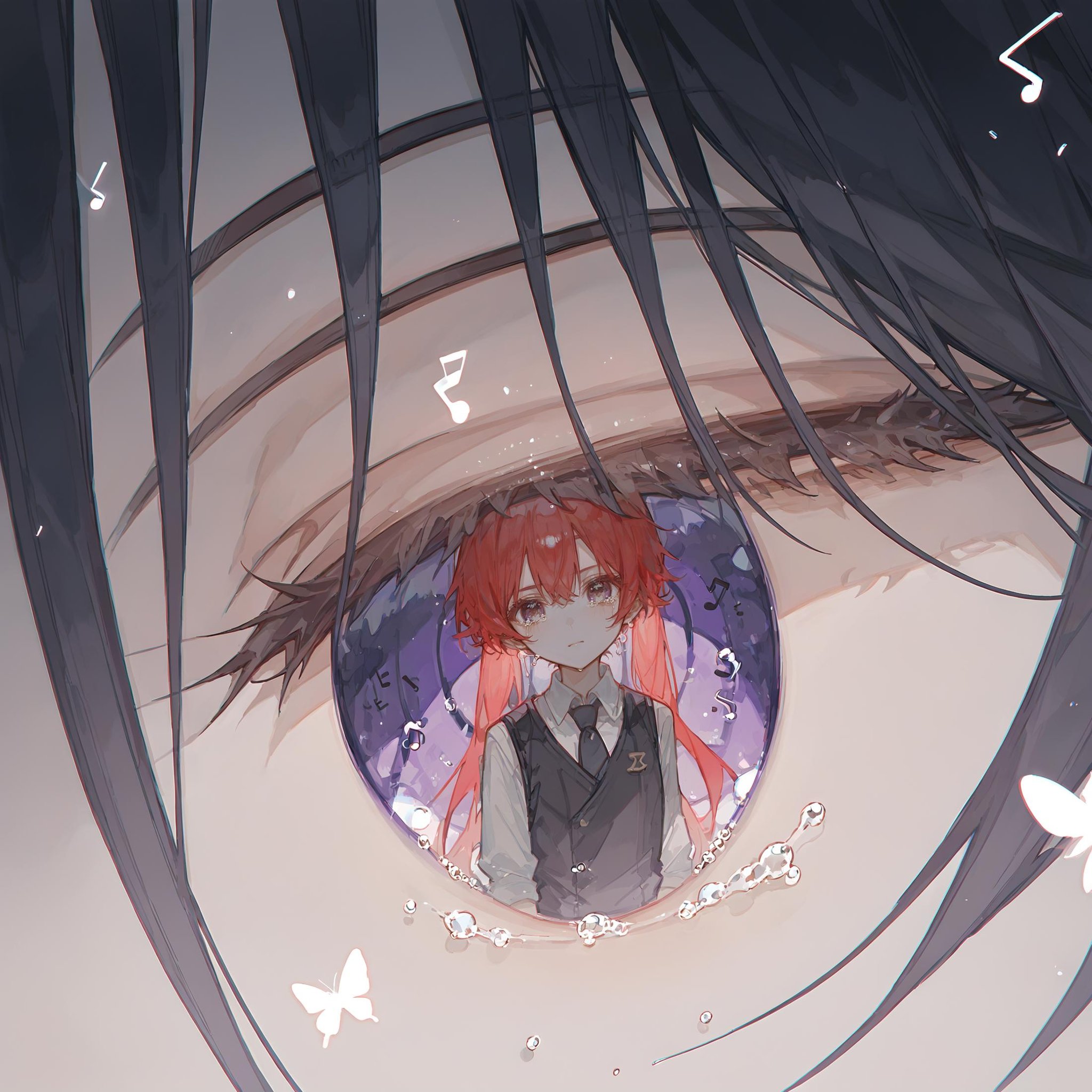 (score_9, score_8_up, score_7_up) BREAK source_anime,eye reflection,purple eye,black bangs,musical note,butterfly,tears,1girl,solo,red hair,twintails,long hair,red eyes,white shirt,black vest,black necktie,crying,looking at viewer,upper body,<lora:eye_reflection:1>,