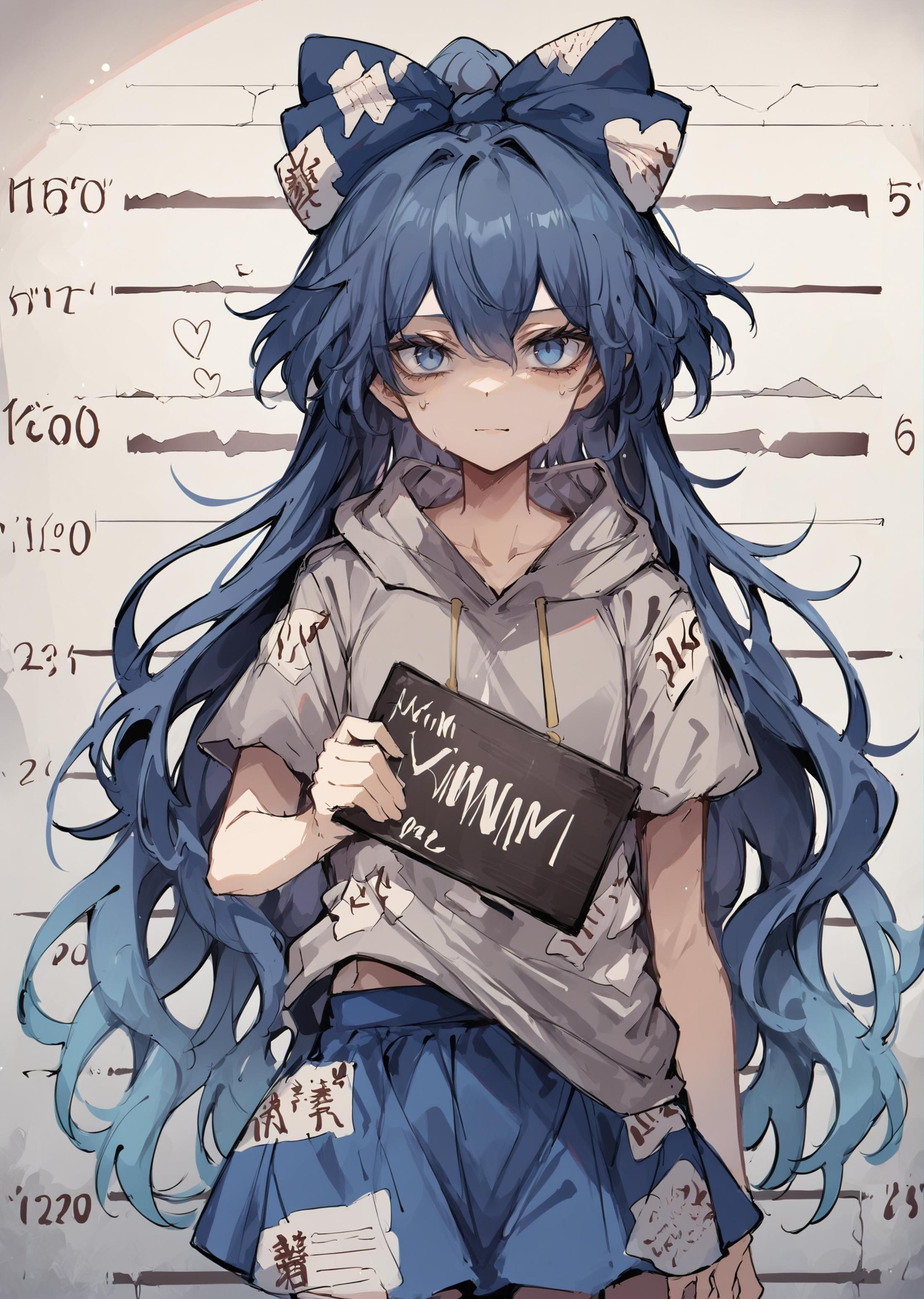 (score_9, score_8_up, score_7_up) BREAK source_anime,1girl,solo, yorigami shion, blue bow, grey hoodie, blue skirt,looking at viewer,standing,mugshot,holding sign,<lora:mugshot_pony_ver1:1>,<lora:yorigami_shion_pony_ver1:1>,