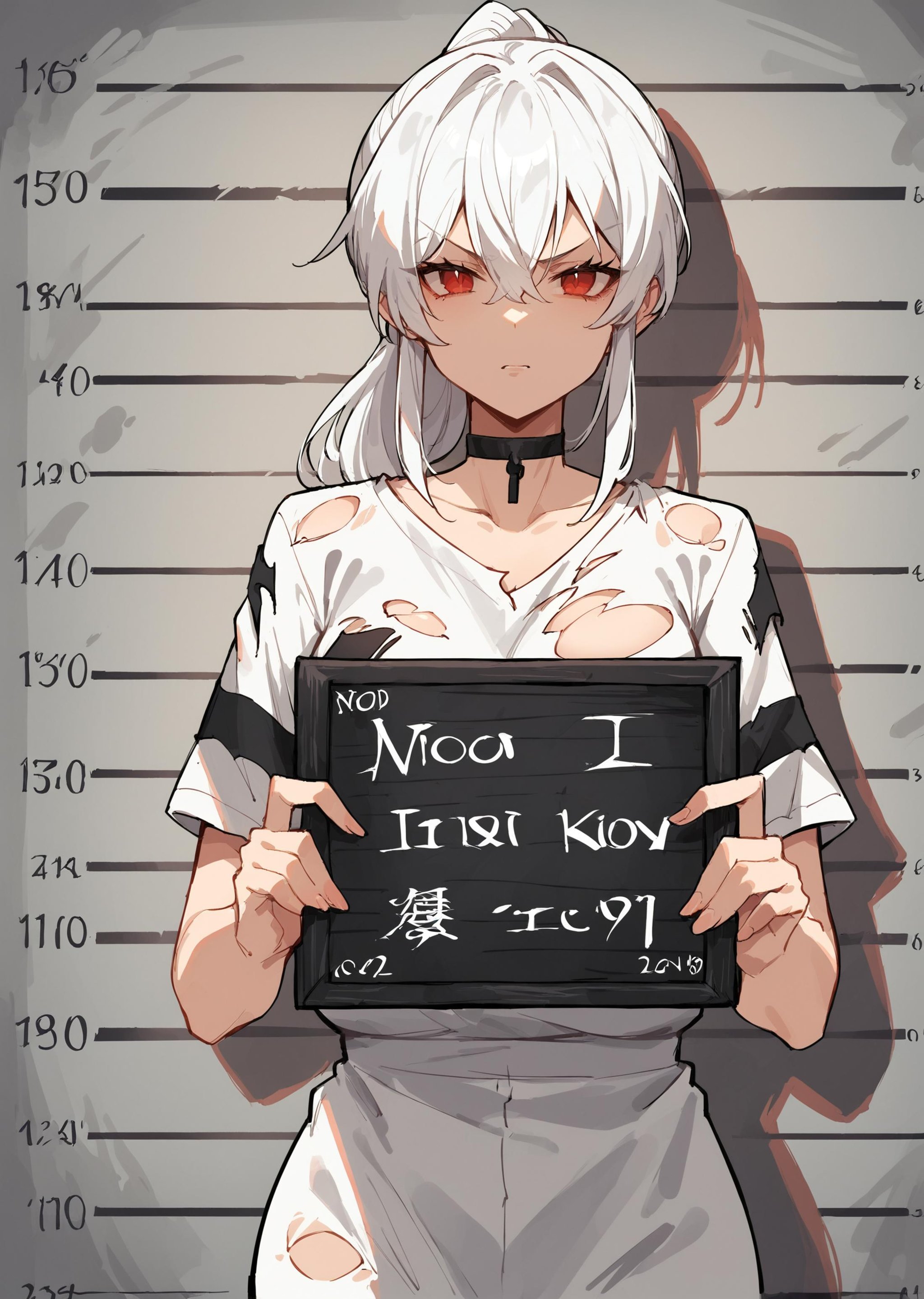 (score_9, score_8_up, score_7_up) BREAK source_anime,1girl,solo,red eyes,white hair,hair between eyes,ponytail,prison clothes,torn clothes,choker,v-shaped eyebrows,looking at viewer,standing,mugshot,holding sign,<lora:mugshot_pony_ver1:1>,