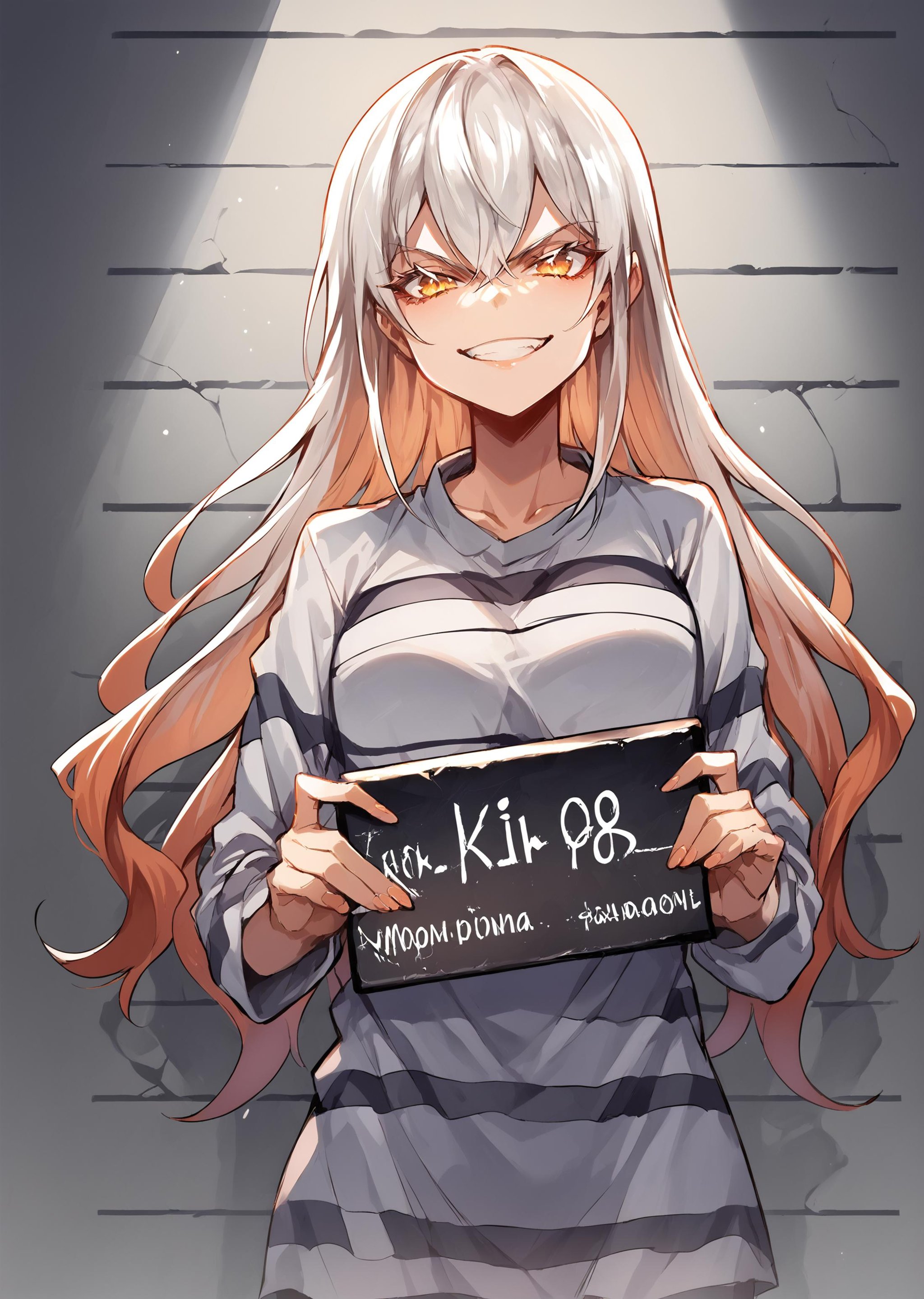 (score_9, score_8_up, score_7_up) BREAK source_anime,1girl,solo,vita_\(bambina\),prison clothes,looking at viewer,grin,standing,mugshot,holding sign,<lora:mugshot_pony_ver1:1>,<lora:vita_pony_1:1>,