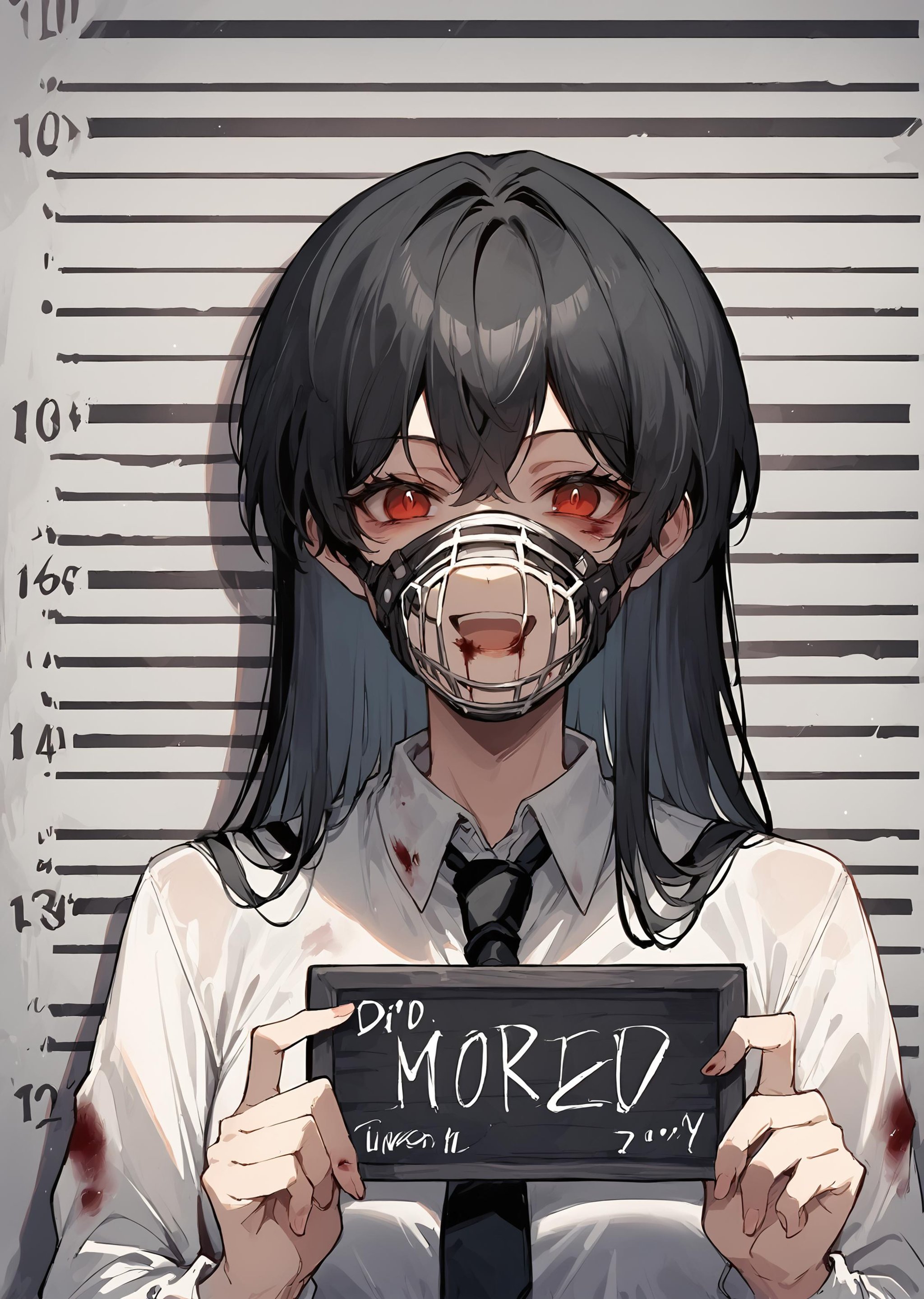 (score_9, score_8_up, score_7_up) BREAK source_anime,1girl,solo,red eyes,black hair,long hair,muzzle_mask,smile,open mouth,white shirt,blood stain,black necktie,looking at viewer,standing,mugshot,holding sign,<lora:mugshot_pony_ver1:1>,<lora:muzzle:1>,