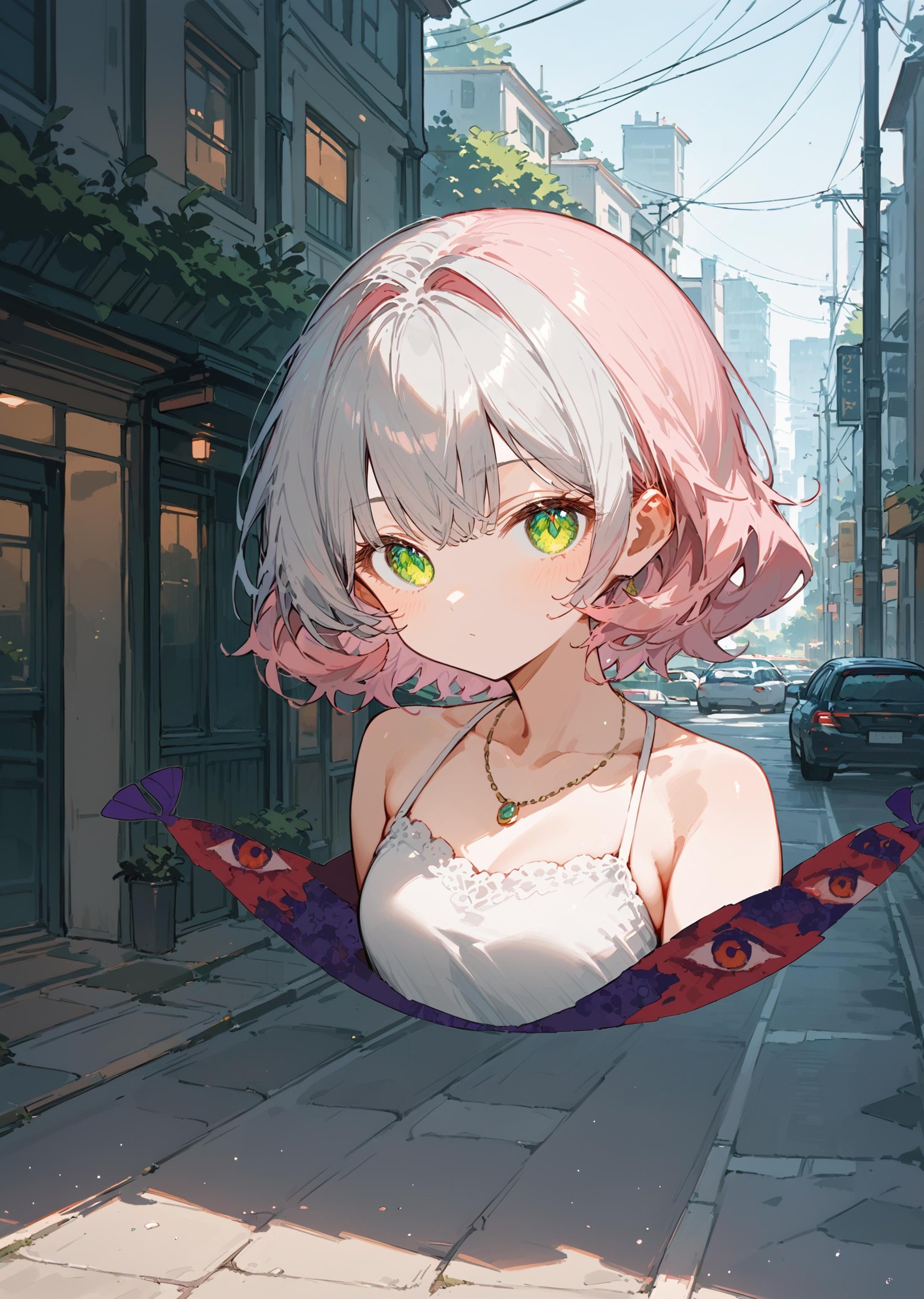 (score_9, score_8_up, score_7_up) BREAK source_anime,1girl,solo,chartreuse green eyes,light-pink hair,grey hair,evening gown,looking at viewer,upper body,gap \(touhou\),outdoors,parking lot,<lora:gap_touhou_ver1:1>