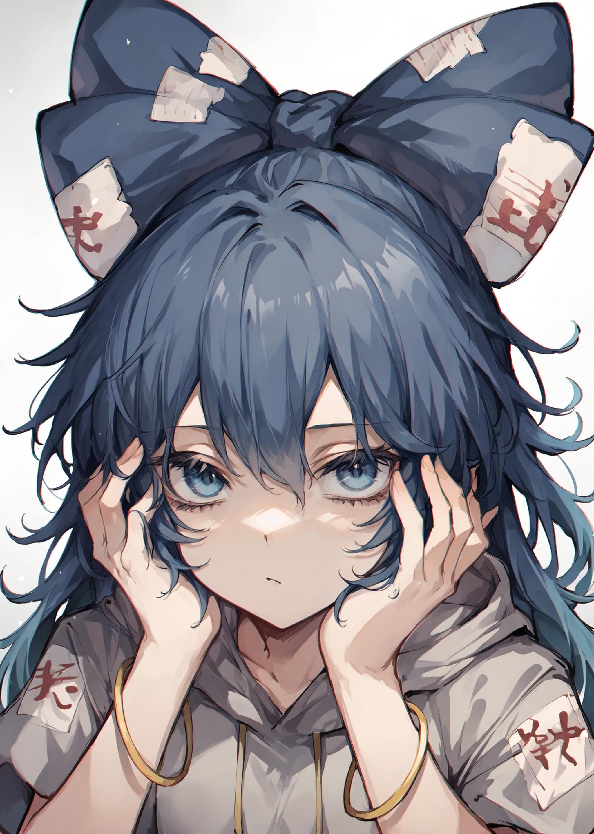 (score_9, score_8_up, score_7_up) BREAK source_anime,1girl,solo, yorigami shion, blue bow, grey hoodie, bracelet, hands on own face,looking at viewer, standing,upper body, simple background, <lora:yorigami_shion_pony_ver1:1>