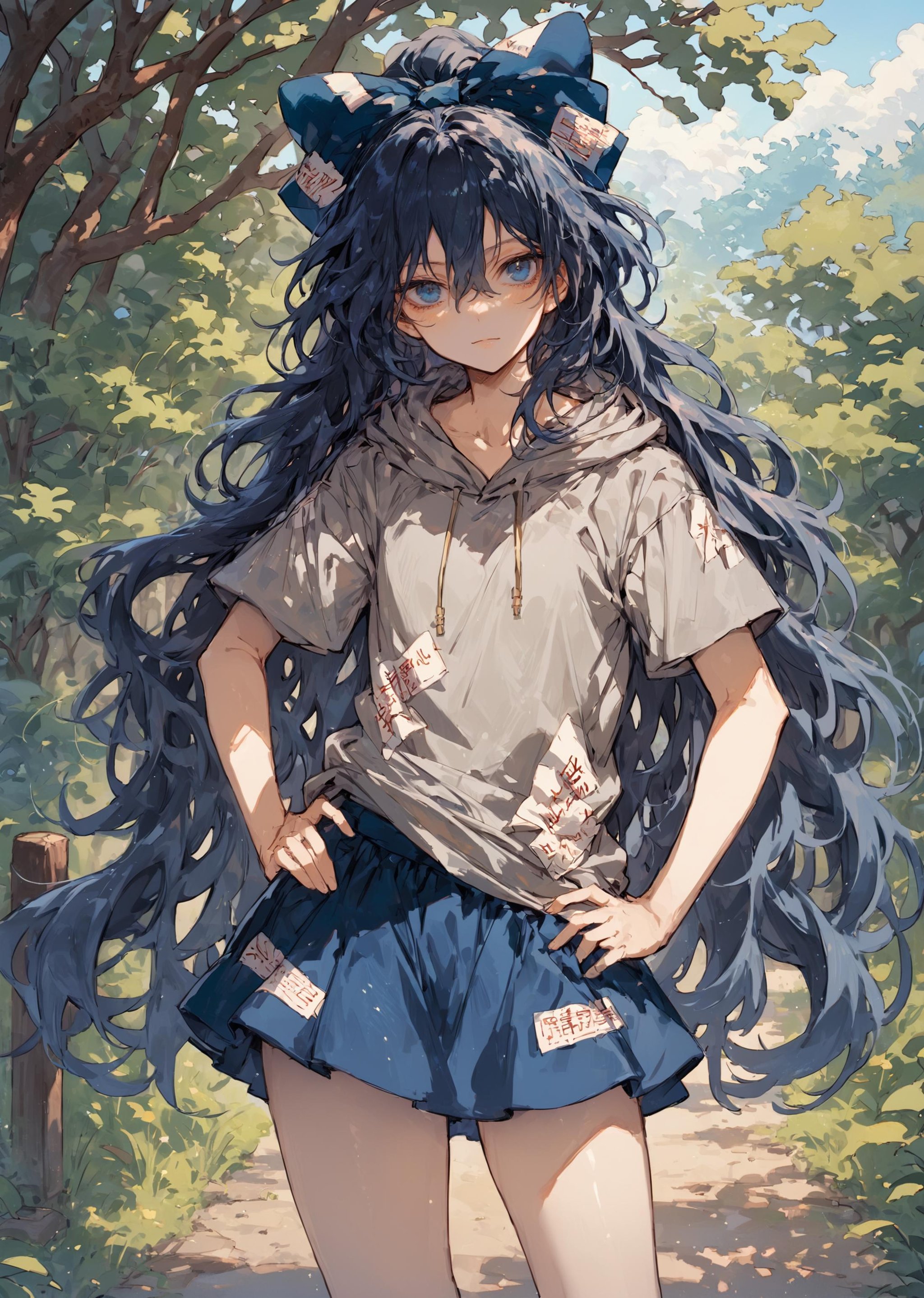 (score_9, score_8_up, score_7_up) BREAK source_anime,1girl,solo, yorigami shion, very long hair, hair between eyes, blue bow, grey hoodie, blue skirt, bare legs, hands on own hips,looking at viewer, standing,cowboy shot, outdoors,hill <lora:yorigami_shion_pony_ver1:0.8>