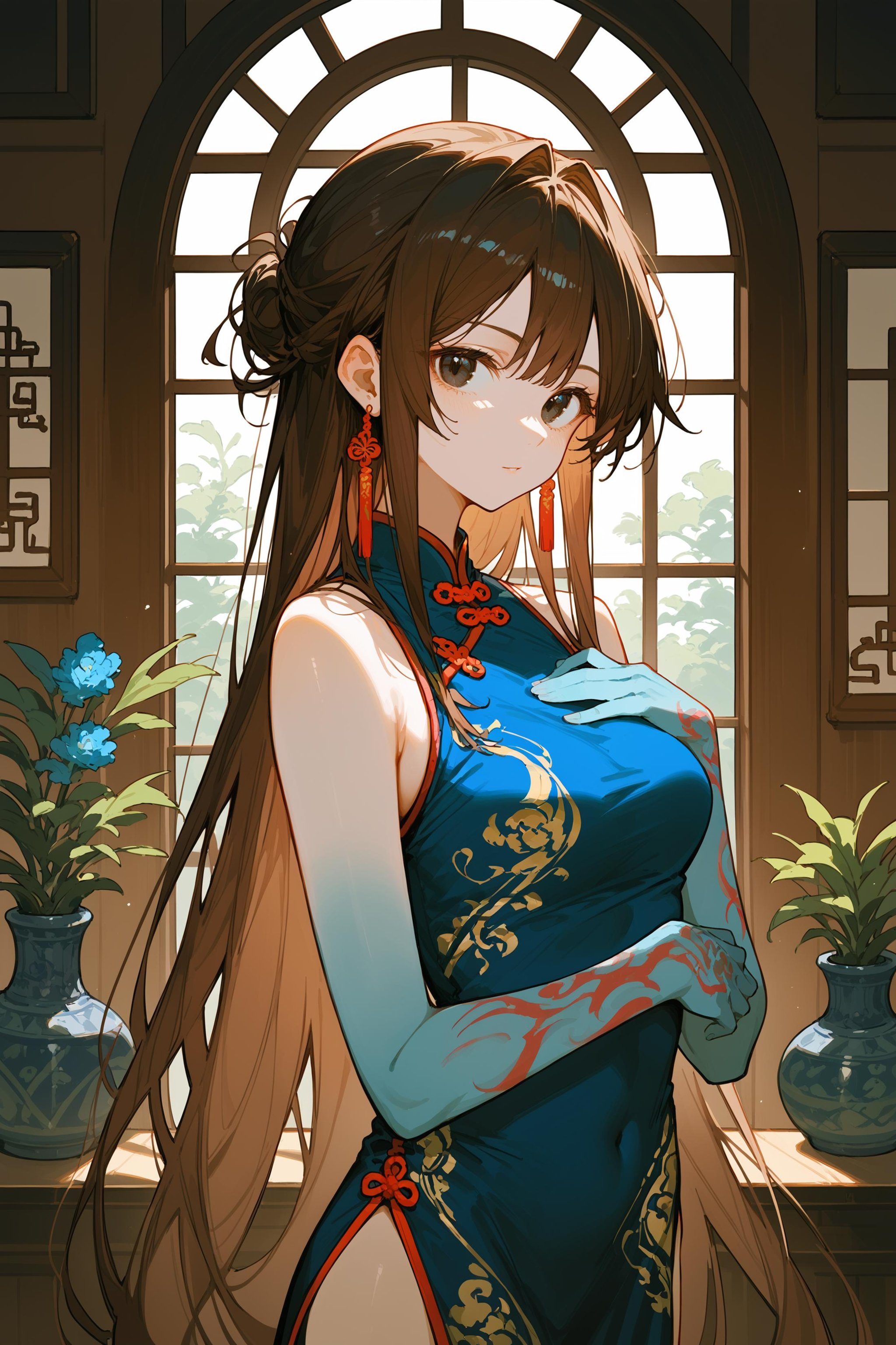 (score_9, score_8_up, score_7_up) BREAK source_anime, 1girl, solo, black eyes, brown hair, long hair, very long hair, earrings, arm tattoo \(colorful\), blue arm tattoo, china dress, blue dress, sleeveless, looking at viewer, upper body, hand on own chest, standing, indoors, east asian architecture, window, wooden wall, vase,  <lora:colorful_arm_tattoo_v1:1>