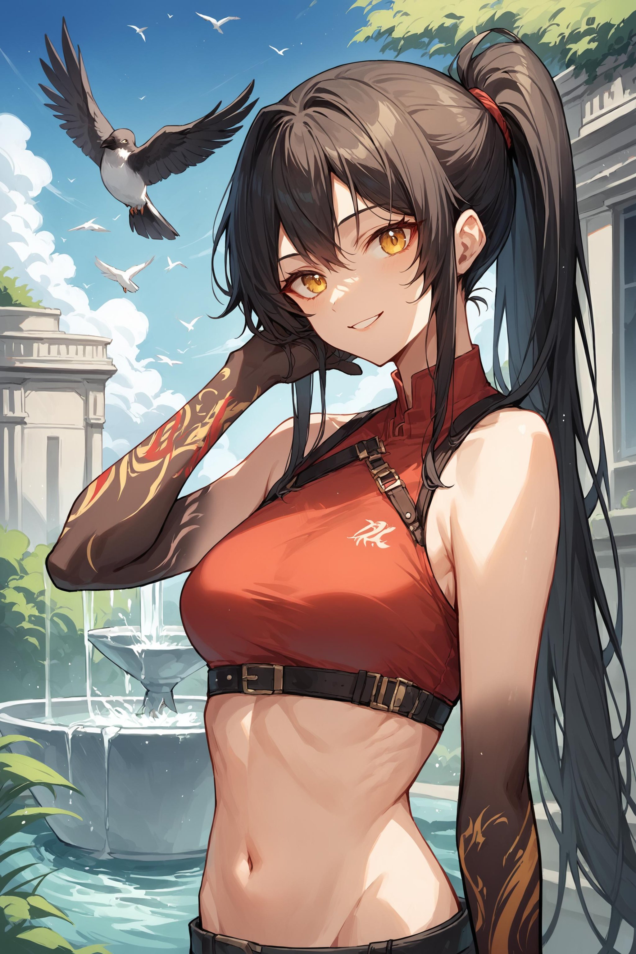 (score_9, score_8_up, score_7_up) BREAK source_anime, 1girl, solo, yellow eyes, black hair, long hair, ponytail, arm tattoo \(colorful\), black arm tattoo, red crop top, navel, smile, looking at viewer, upper body, hand in own hair, standing, outdoors, city, day, fountain, blue sky, bird <lora:colorful_arm_tattoo_v1:1>