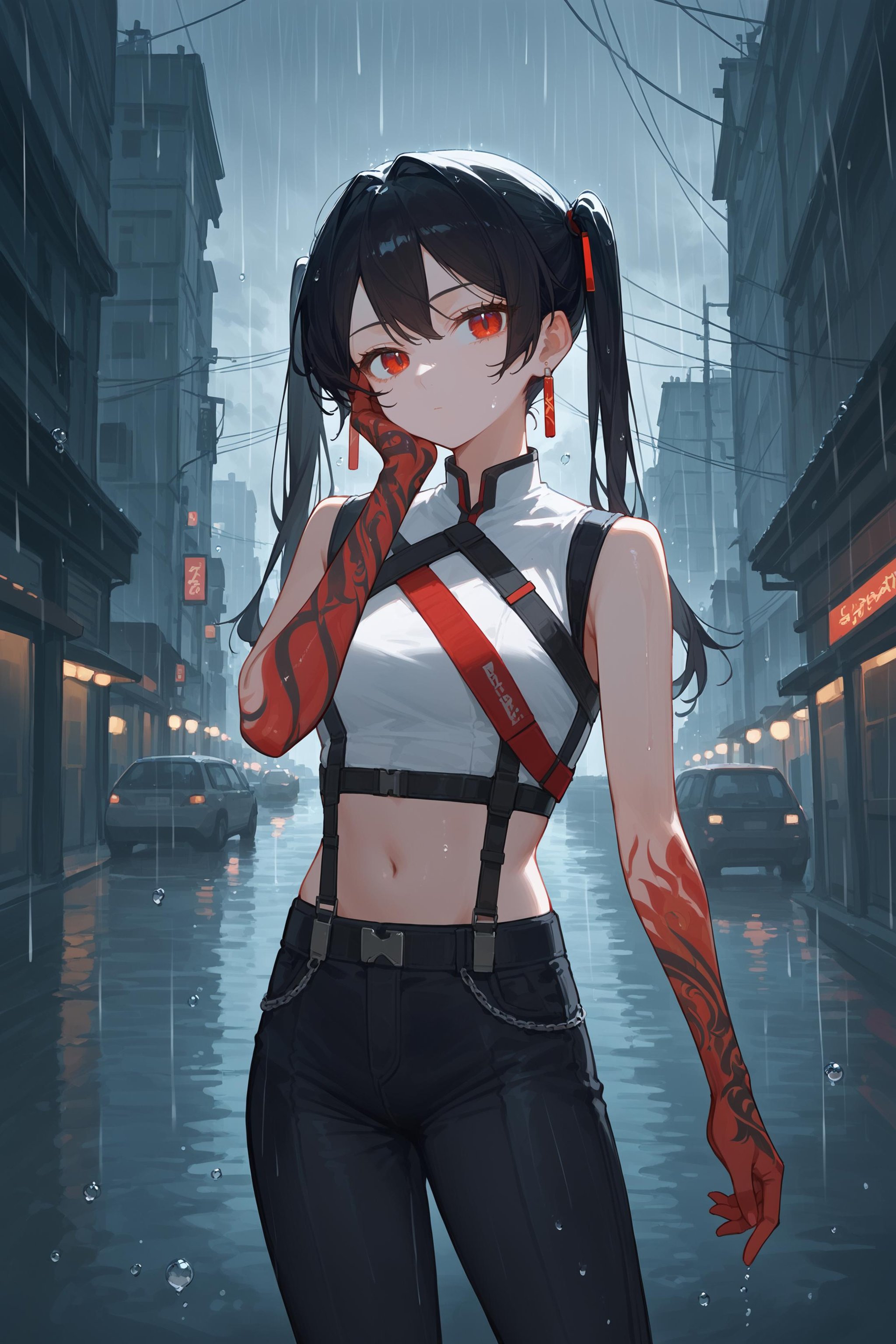 (score_9, score_8_up, score_7_up) BREAK source_anime, 1girl, solo, red eyes, black hair, long hair, twintails, earrings, arm tattoo \(colorful\), red arm tattoo, white crop top, sleeveless, navel, black pants, garter straps, expressionless, looking at viewer, cowboy shot, hand on own face, standing, outdoors, street, cloud, rain, water drop, night, lamppost, <lora:colorful_arm_tattoo_v1:1>,