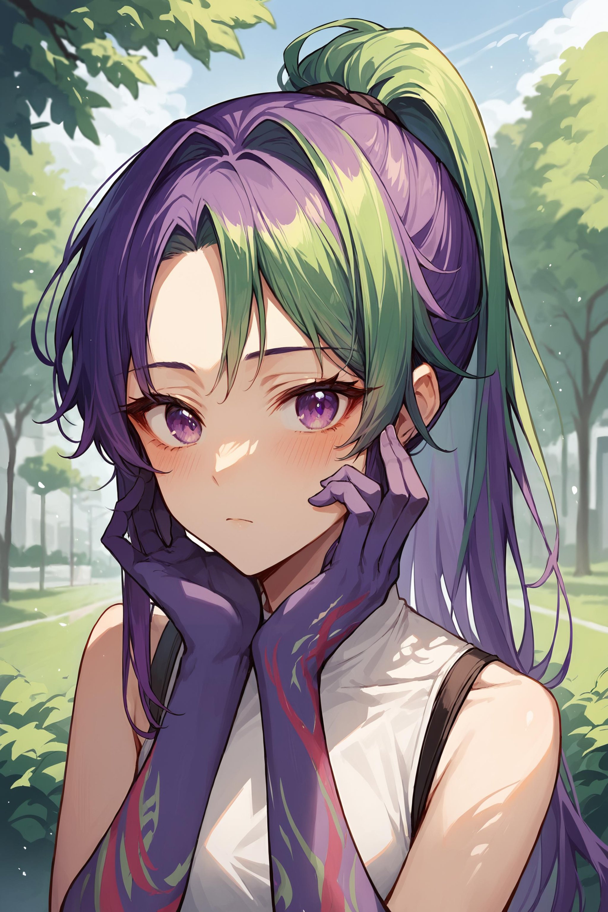 (score_9, score_8_up, score_7_up) BREAK source_anime, 1girl, solo, purple eyes, multicolored hair, purple hair, green hair, long hair, ponytail, arm tattoo \(colorful\), purple arm tattoo, sleeveless shirt, white shirt, expressionless, blush, looking at viewer, upper body, hands on own face,  standing, outdoors, park, <lora:colorful_arm_tattoo_v1:1>