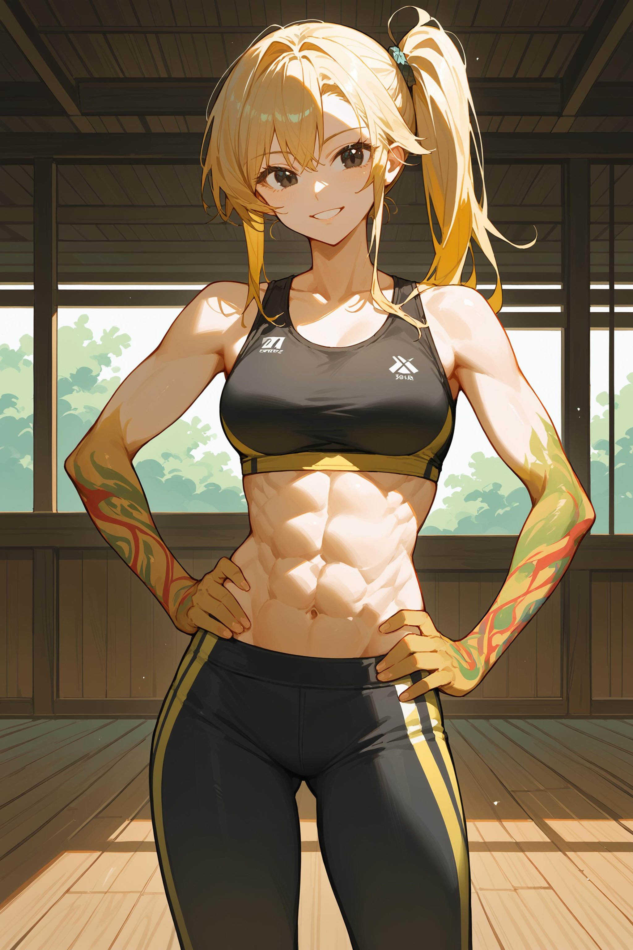 (score_9, score_8_up, score_7_up) BREAK source_anime, 1girl, solo, black eyes, blonde hair, long hair, side ponytail, sports bra, abs, arm tattoo \(colorful\), yellow arm tattoo, black pants,  smile, looking at viewer, cowboy shot, hands on own hips,  standing, indoors, wooden floor, wooden wall, window, pond, <lora:colorful_arm_tattoo_v1:1>