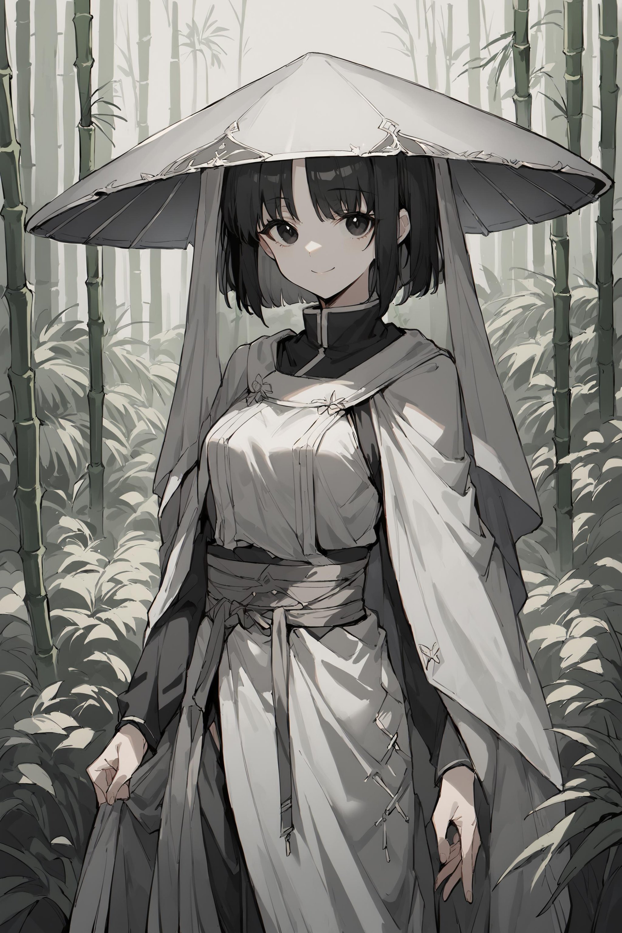 (score_9, score_8_up, score_7_up) BREAK source_anime,greyscale,1girl,solo,black eyes,black hair,hair over shoulder,medium breasts,hat \(jingasa\),veil,hanfu,light smile,looking at viewer,cowboy shot,standing,outdoors,bamboo,<lora:jingasa_ver1:1>,