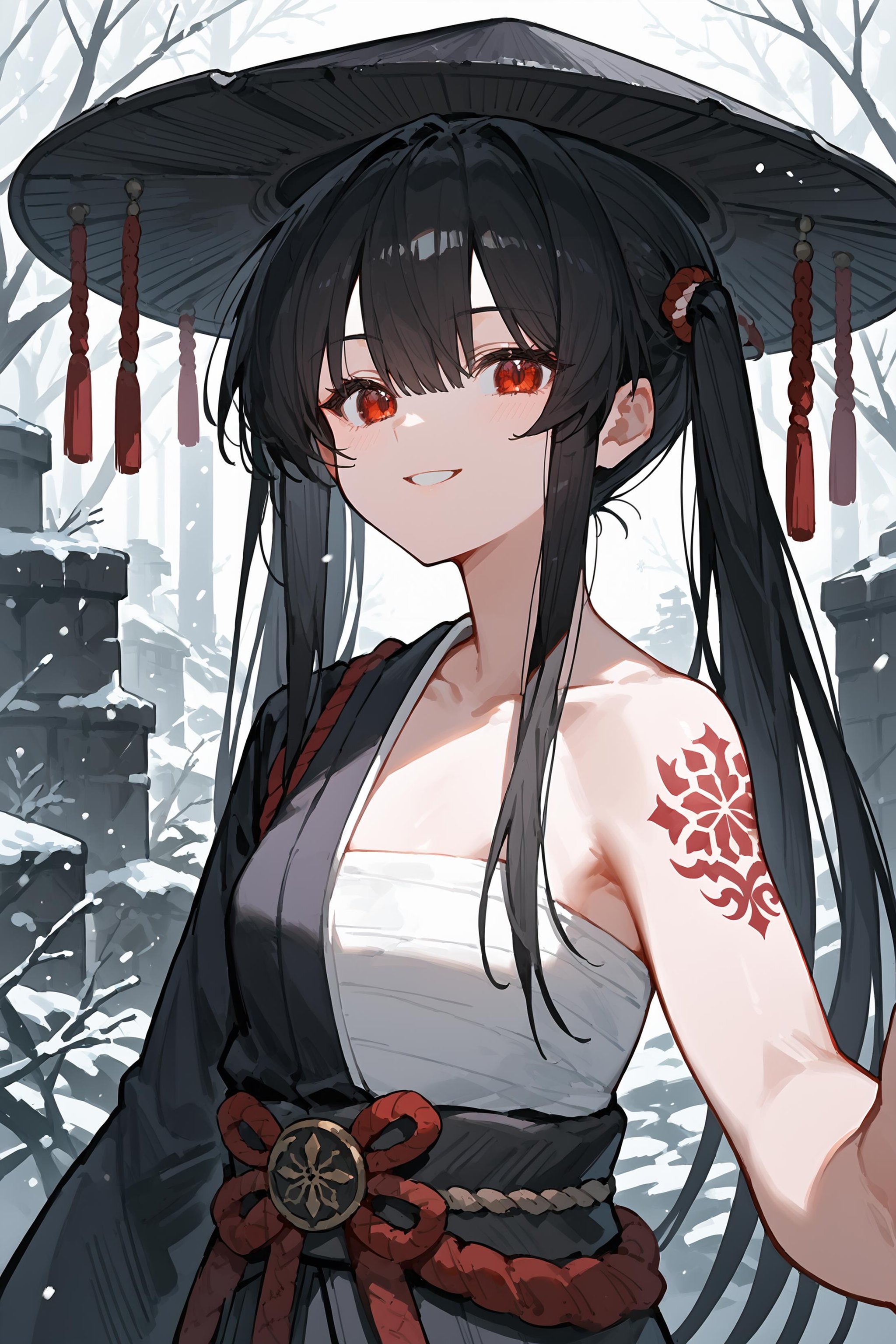 (score_9, score_8_up, score_7_up) BREAK source_anime,1girl,solo,red eyes,hair over eyes,black hair,long hair,twintails,hat \(jingasa\),japanese clothes \(hadanugi\),japanese armor,sarashi,chest sarashi,tattoo,arm tattoo,smile,outstretched arm,looking at viewer,upper body,profile,close-up,standing,outdoors,ruins,snow,snowing,snowflakes,<lora:jingasa_ver1:1>,<lora:hadanugi_dousa_v1:1>,