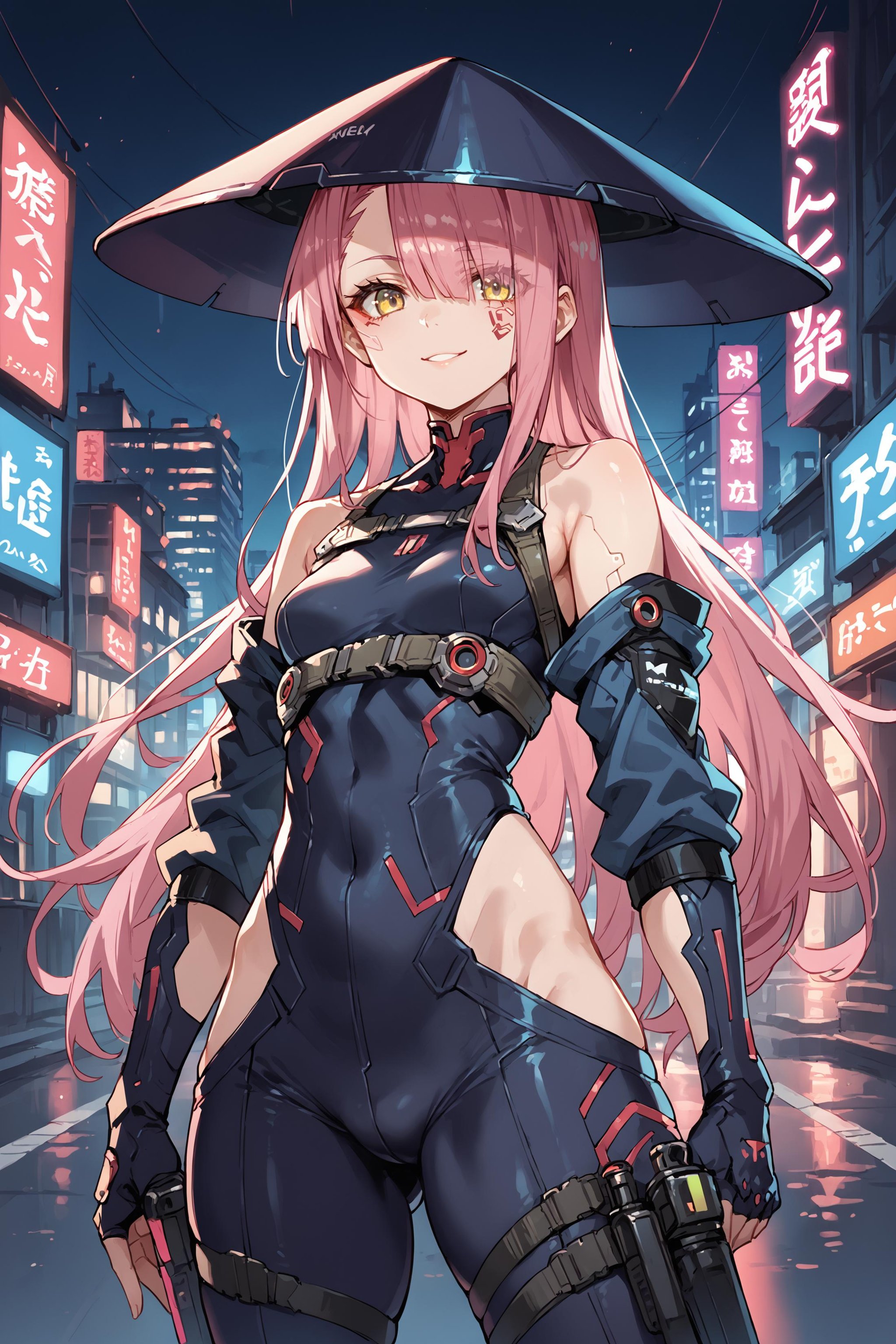 (score_9, score_8_up, score_7_up) BREAK source_anime,neon trim,flat color,1girl,solo,yellow eyes,pink hair,long hair,hair over one eye,hat \(jingasa\),ninja,bodysuit,bare shoulders,facial tattoo,light smile,looking at viewer,cowboy shot,sheath,standing,outdoors,city,neon lights,cyberpunk,<lora:jingasa_ver1:1>,