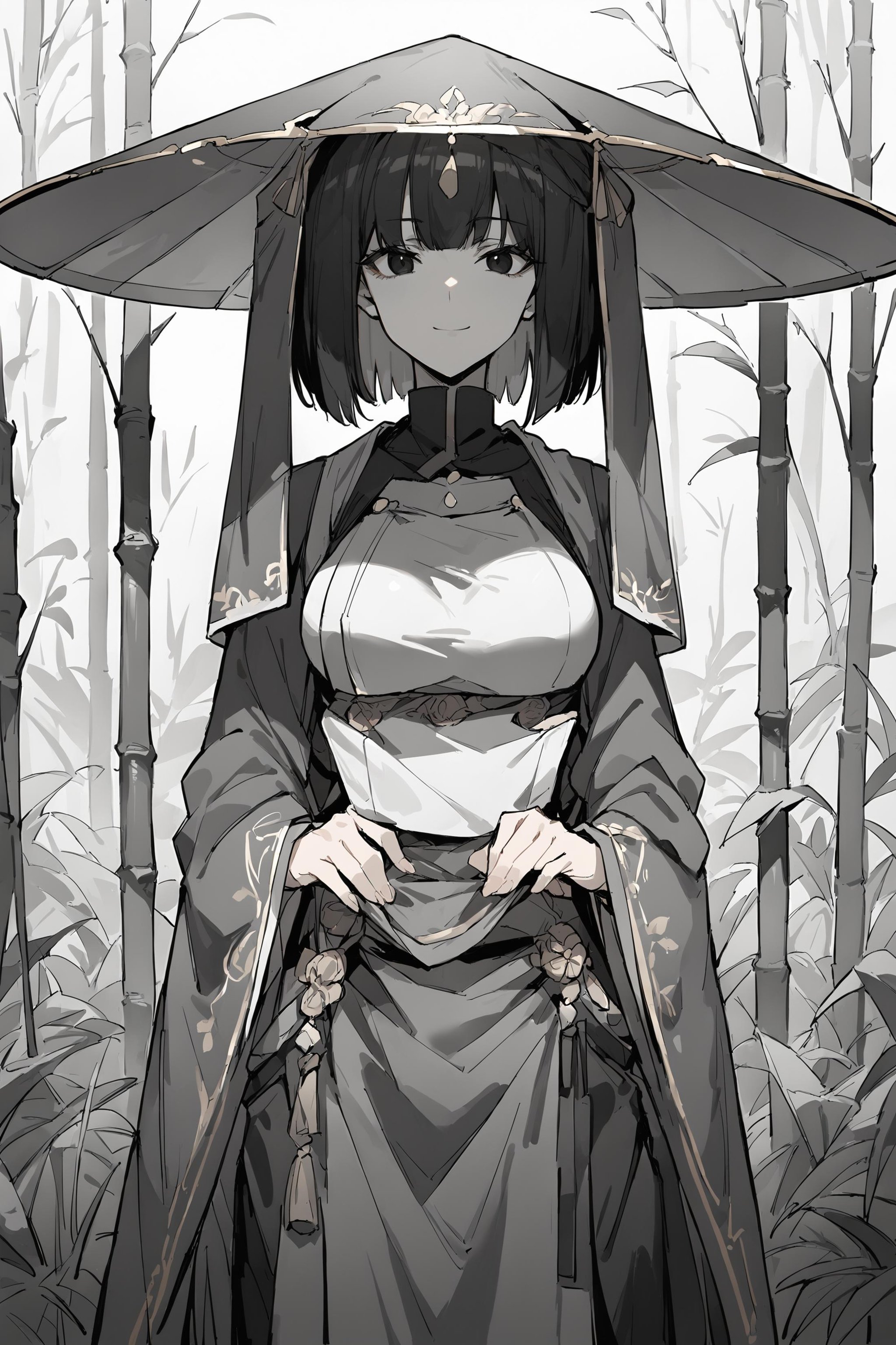 (score_9, score_8_up, score_7_up) BREAK source_anime,greyscale,1girl,solo,black eyes,black hair,bob cut,medium breasts,hat \(jingasa\),veil,hanfu,light smile,looking at viewer,cowboy shot,standing,outdoors,bamboo,<lora:jingasa_ver1:1>,