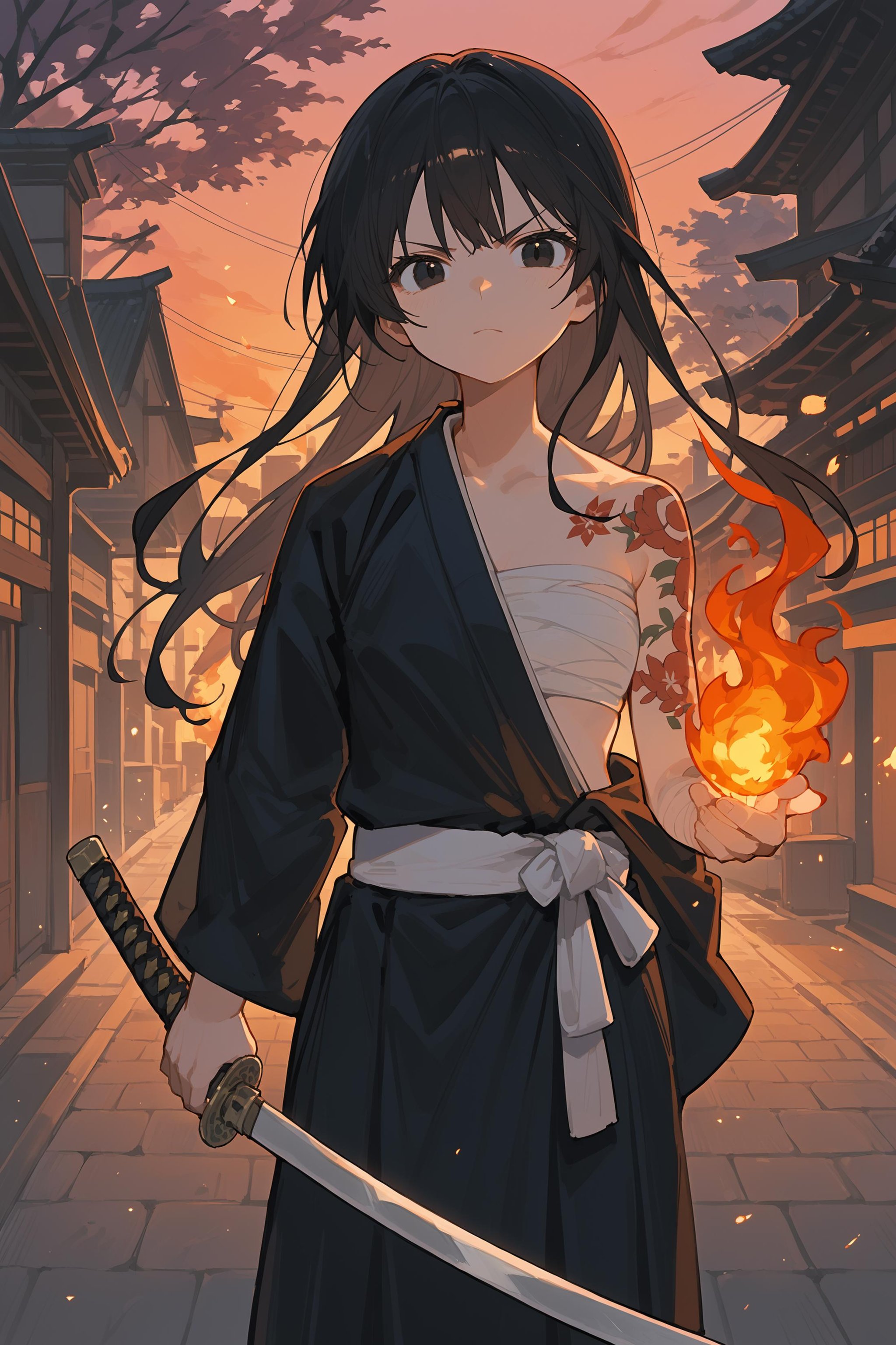 (score_9, score_8_up, score_7_up) BREAK source_anime, 1girl, solo, black eyes, black hair, long hair, japanese clothes \(hadanugi\), japanese armor, arm tattoo, sarashi, v-shaped eyebrows, looking at viewer, cowboy shot, holding, weapon, katana, holding  weapon, holding katana, standing, outdoors, street, fire, street on fire, sunset, <lora:hadanugi_dousa_v1:1>