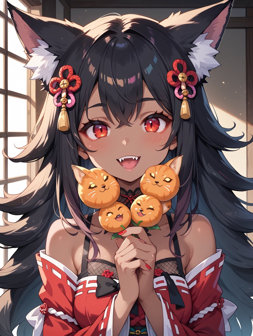 score_9, score_8_up, score_7_up,perfect eyes, kitsune, werewolf, red eyes, black skin, pretty girl, cute girl, teasing