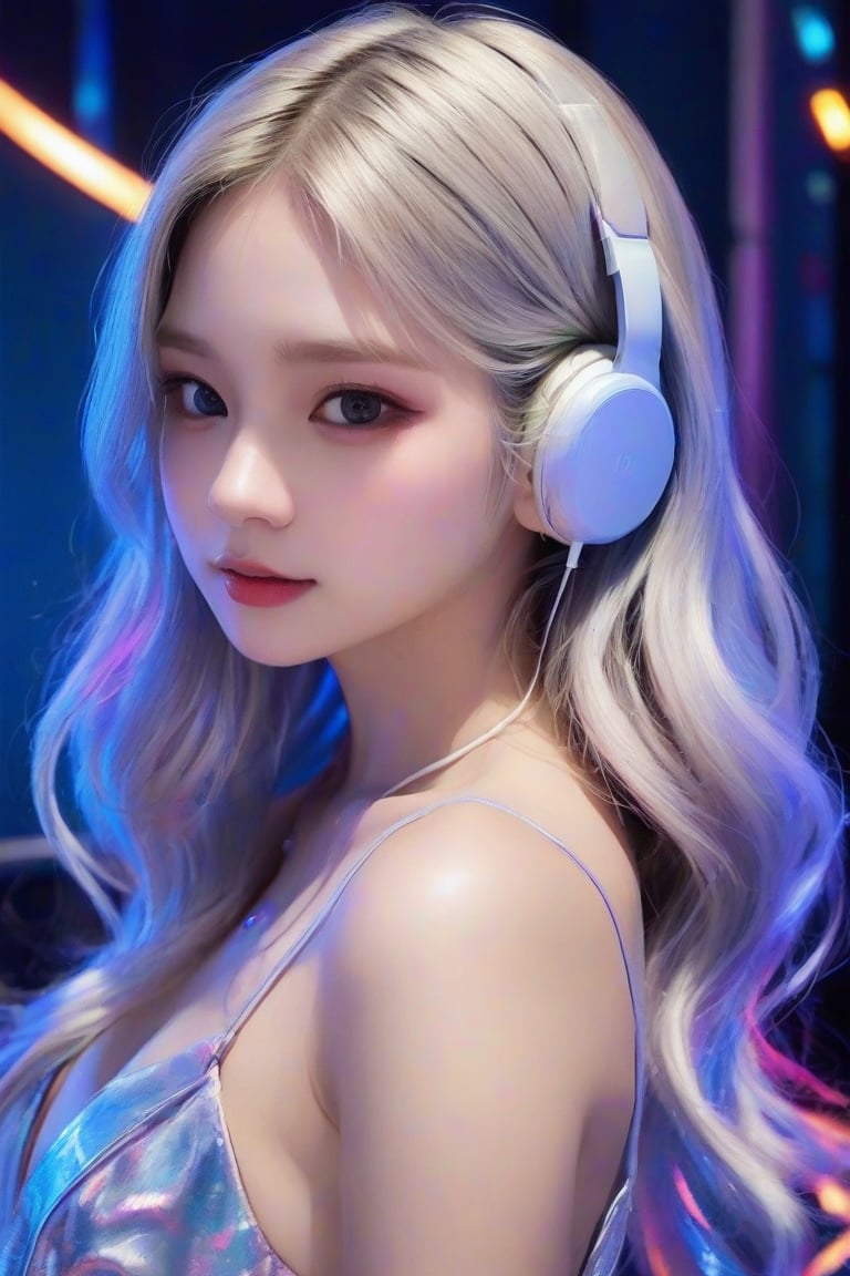 masterpiece, best quality, photorealistic, 1girl, solo, long wavy hair, silver hair with holographic sheen, looking at viewer, upper body, Concert Stage Background, minimal background, neon lighting, smooth shadows, charming expression, detailed skin, soft features, idol setup, classic portrait style, high clarity, simple background, cinematic lighting, wearing a holographic dress with light-up headphones, futuristic and dazzling