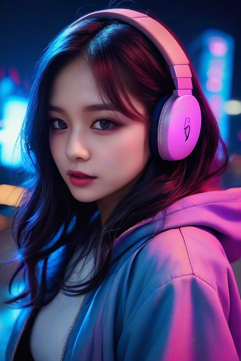 masterpiece, best quality, photorealistic, 1girl, solo, medium-length wavy hair, neon blue hair, looking at viewer, upper body, Dark Cityscape Background, minimal background, neon purple lighting, sharp shadows, cool expression, detailed skin, soft features, urban setup, classic portrait style, high clarity, simple background, cinematic lighting, wearing a glowing streetwear jacket and futuristic headphones, stylish and urban