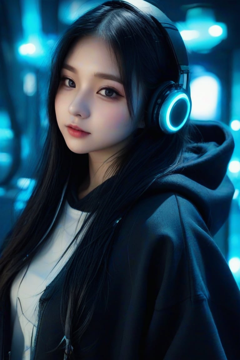 masterpiece, best quality, photorealistic, 1girl, solo, long straight hair, jet-black hair with neon highlights, looking at viewer, upper body, Cybernetic Lab Background, minimal background, neon blue and green lighting, soft shadows, focused expression, detailed skin, smooth features, cyber setup, classic portrait style, high clarity, simple background, cinematic lighting, wearing a sleek black hoodie with holographic elements and high-tech headphones, futuristic and edgy