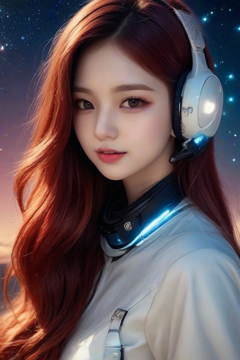 masterpiece, best quality, photorealistic, 1girl, solo, long flowing hair, deep red hair, looking at viewer, upper body, Starry Sky Background, minimal background, natural light, soft shadows, serene expression, detailed skin, soft features, cosmic setup, classic portrait style, high clarity, simple background, cinematic lighting, wearing a futuristic spacesuit with glowing details and advanced communication headset, ethereal and adventurous