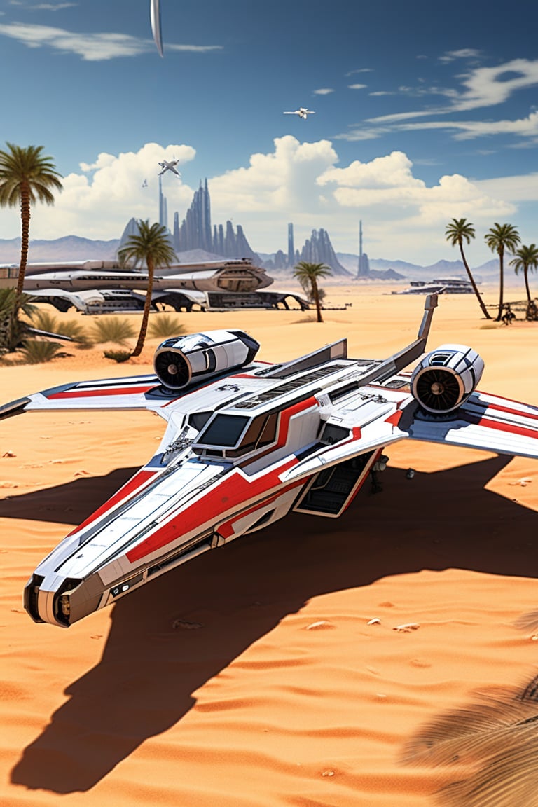 A realistic photo of starship x-wing starfighter in Star Wars universe,red striped body,parked on ground with ((stands)) on desert,wings folded,laser cannons at each wing tip,engines located at wing root,
backdrop:desert,sand,palm tree,,sky,cloud,cityscrapes,front left view,R2 D2 walking around next to the ship,
ek_starsh1p,ek_xw1ng,ek_xwf1,realistic,detailed,sleek shiny aircraft