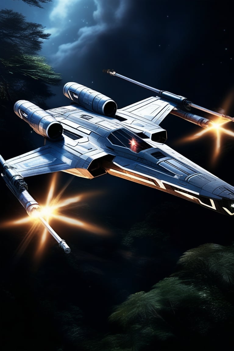 A realistic photo of starship x-wing starfighter in Star Wars universe,wings unfolded,laser cannons at each wing tip,front left view,engines located at wing root,flying over rain forest,at night,
ek_xw1ng,weapon,pilot,,ek_starsh1p,ek_xwf1