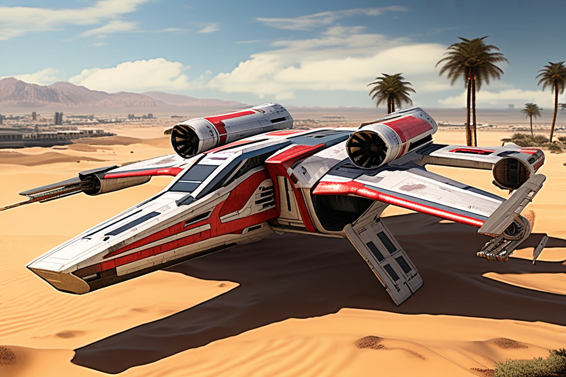 A realistic photo of starship x-wing starfighter in Star Wars universe,red striped body,parked on ground with ((stands)) on desert,wings folded,laser cannons at each wing tip,engines located at wing root,
backdrop:desert,sand,palm tree,,sky,cloud,cityscrapes,front left view,R2 D2 walking around next to the ship,
ek_starsh1p,ek_xw1ng,ek_xwf1,realistic,detailed,sleek shiny aircraft