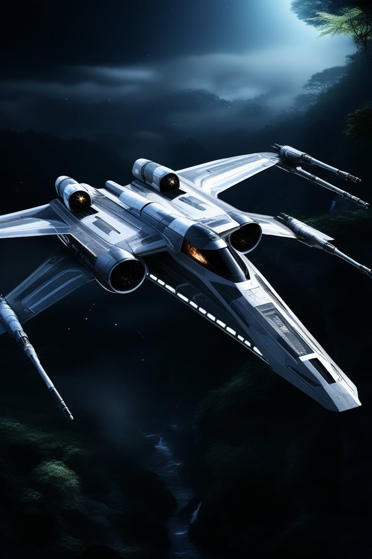 A realistic photo of starship x-wing starfighter in Star Wars universe,wings unfolded,laser cannons at each wing tip,front left view,engines located at wing root,flying over rain forest,at night,
ek_xw1ng,weapon,pilot,,ek_starsh1p,ek_xwf1