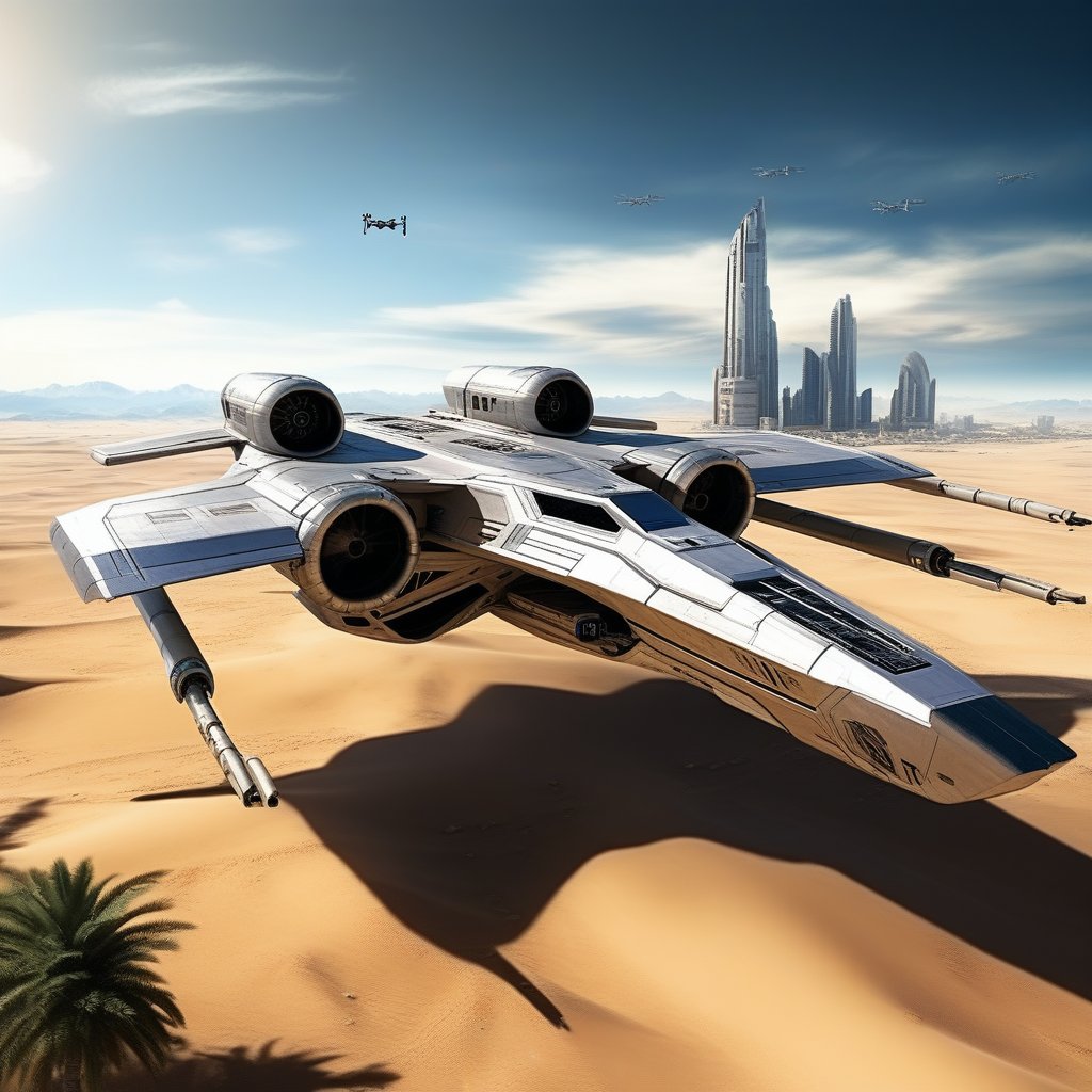 A realistic photo of starship x-wing starfighter in Star Wars universe,parked on ground with stands on desert,wings folded,laser cannons at each wing tip,engines located at wing root,desert,sand,palm tree,,sky,cloud,cityscrapes,front left view,
ek_starsh1p,ek_xw1ng,ek_xwf1