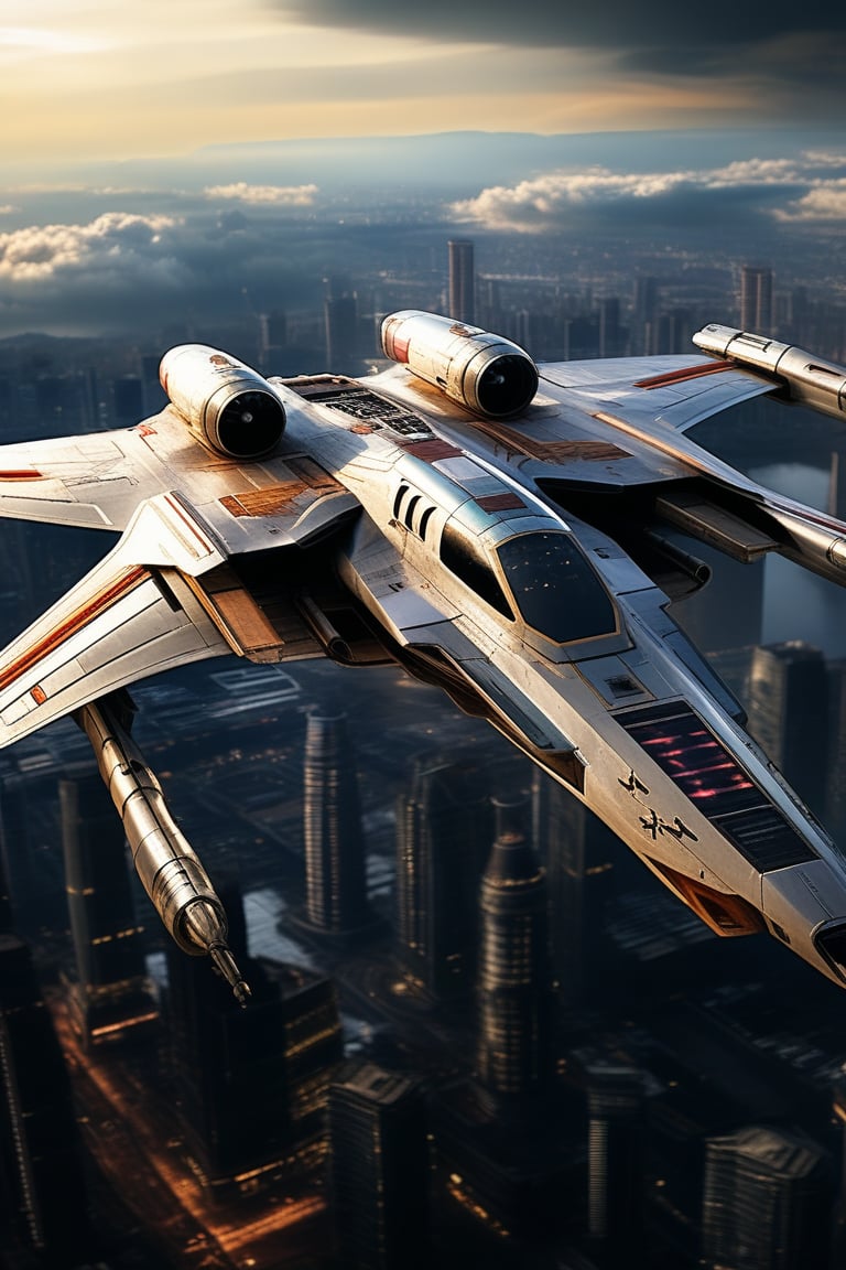 A realistic photo of starship x-wing starfighter in Star Wars universe,wings unfolded,laser cannons at each wing tip,engines located at wing root,flying over futuristic city,sky,cloud,cityscrapes,front left view,
ek_starsh1p,ek_xw1ng,ek_xwf1