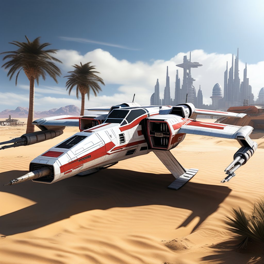 A realistic photo of starship x-wing starfighter in Star Wars universe,red striped body,parked on ground with stands on desert,wings folded,laser cannons at each wing tip,engines located at wing root,
backdrop:desert,sand,palm tree,,sky,cloud,cityscrapes,front left view,R2 D2 walking around next to the ship,
ek_starsh1p,ek_xw1ng,ek_xwf1