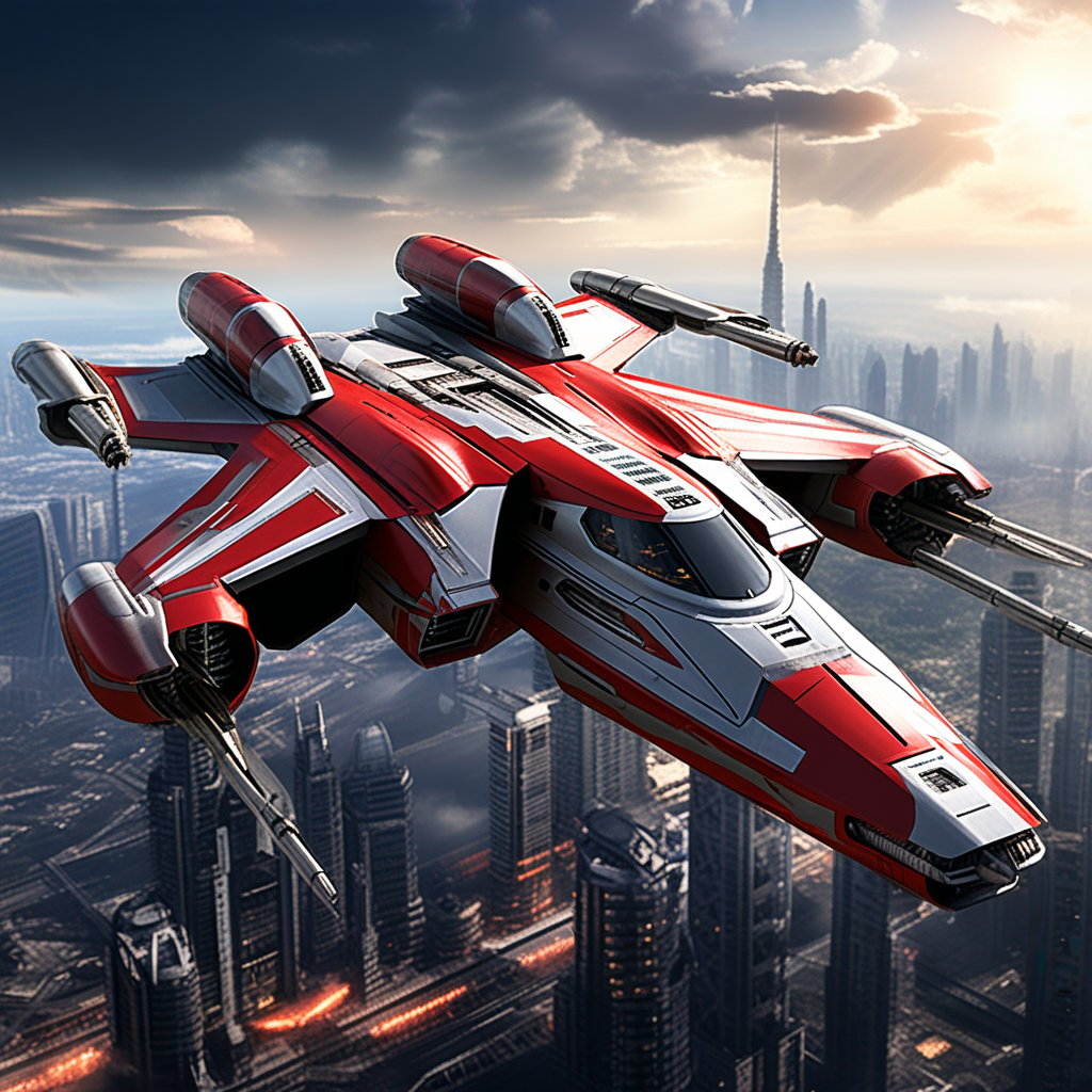 A realistic photo of starship x-wing starfighter in Star Wars universe,red striped body,flying over a futuristic city,wings unfolded,laser cannons at each wing tip,engines located at wing root,
BREAK
backdrop:cityscrapes,sky,cloud,front left view,
ek_starsh1p,ek_xw1ng,ek_xwf1,realistic,detailed,sleek shiny aircraft