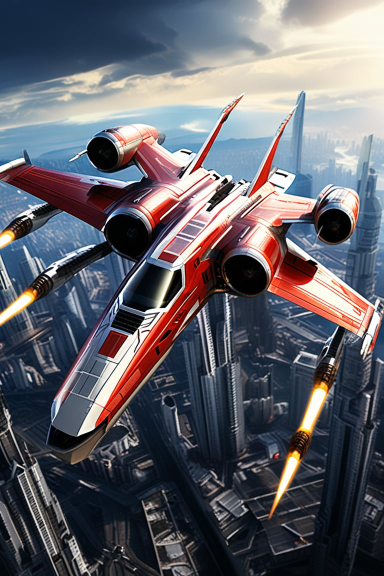 A realistic photo of starship x-wing starfighter in Star Wars universe,red striped body,flying over a futuristic city,wings unfolded,laser cannons at each wing tip,engines located at wing root,
BREAK
backdrop:cityscrapes,sky,cloud,front left view,
ek_starsh1p,ek_xw1ng,ek_xwf1,realistic,detailed,sleek shiny aircraft