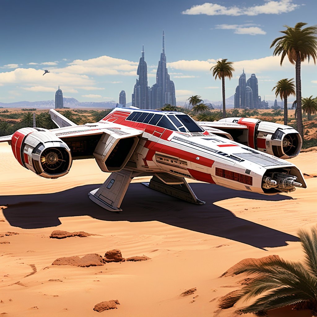 A realistic photo of starship x-wing starfighter in Star Wars universe,red striped body,parked on ground with ((stands)) on desert,wings folded,laser cannons at each wing tip,engines located at wing root,
backdrop:desert,sand,palm tree,,sky,cloud,cityscrapes,front left view,R2 D2 walking around next to the ship,
ek_starsh1p,ek_xw1ng,ek_xwf1,realistic,detailed,sleek shiny aircraft