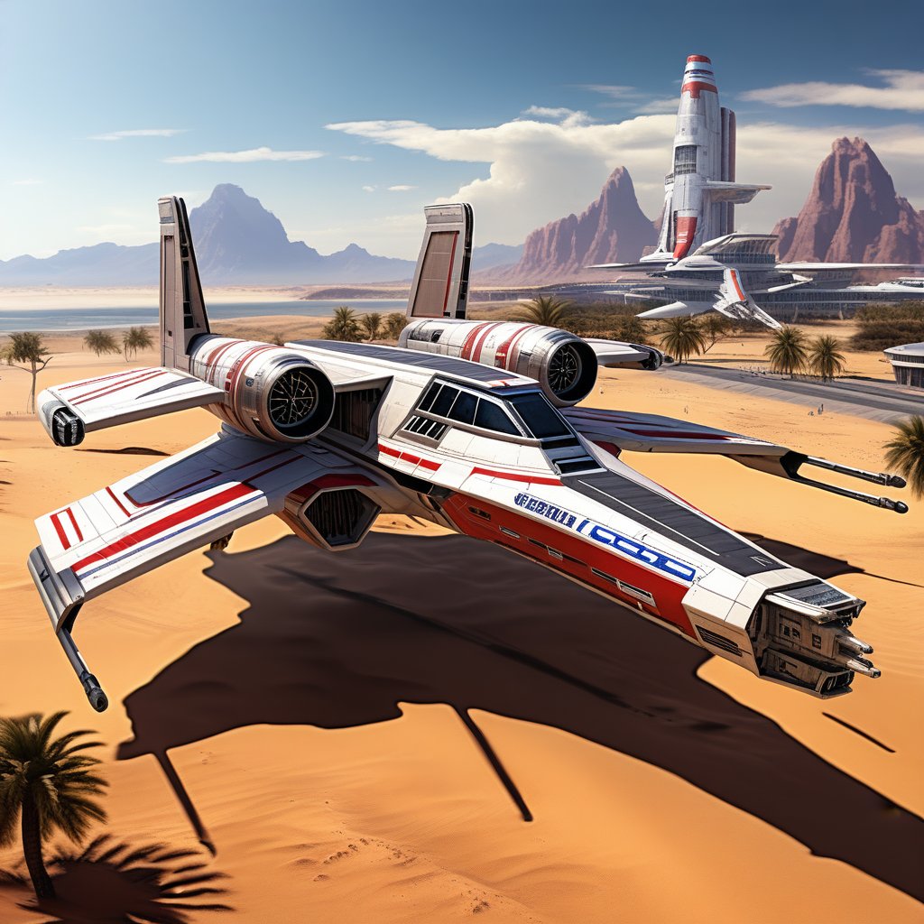 A realistic photo of starship x-wing starfighter in Star Wars universe,red striped body,parked on ground with ((stands)) on desert,wings folded,laser cannons at each wing tip,engines located at wing root,
backdrop:desert,sand,palm tree,,sky,cloud,cityscrapes,front left view,R2 D2 walking around next to the ship,
ek_starsh1p,ek_xw1ng,ek_xwf1,realistic,detailed,sleek shiny aircraft