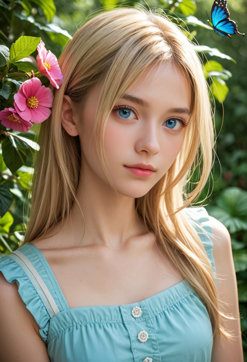  score_9, score_8_up, score_7_up, score_6_up, score_5_up, score_4_up, realistic, photo, raw lighting, BREAK, portrait, 1girl, solo, blonde hair, blue eyes, masterpiece, best quality, ultra-detailed, floating, beautiful detailed eyes, detailed light, fruits, flowers, colorful, garden, colorful background, forest, butterfly