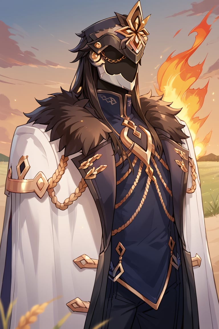 solo male, fire, cowboy shot, sand, field
,score_9,score_8_up,score_7_up,score_6_up,score_5_up,score_4_up,source_anime,more detail XL,BREAK,capitano,fur trim,gloves,helmet, gold trim,white cloak, long hair, faceless