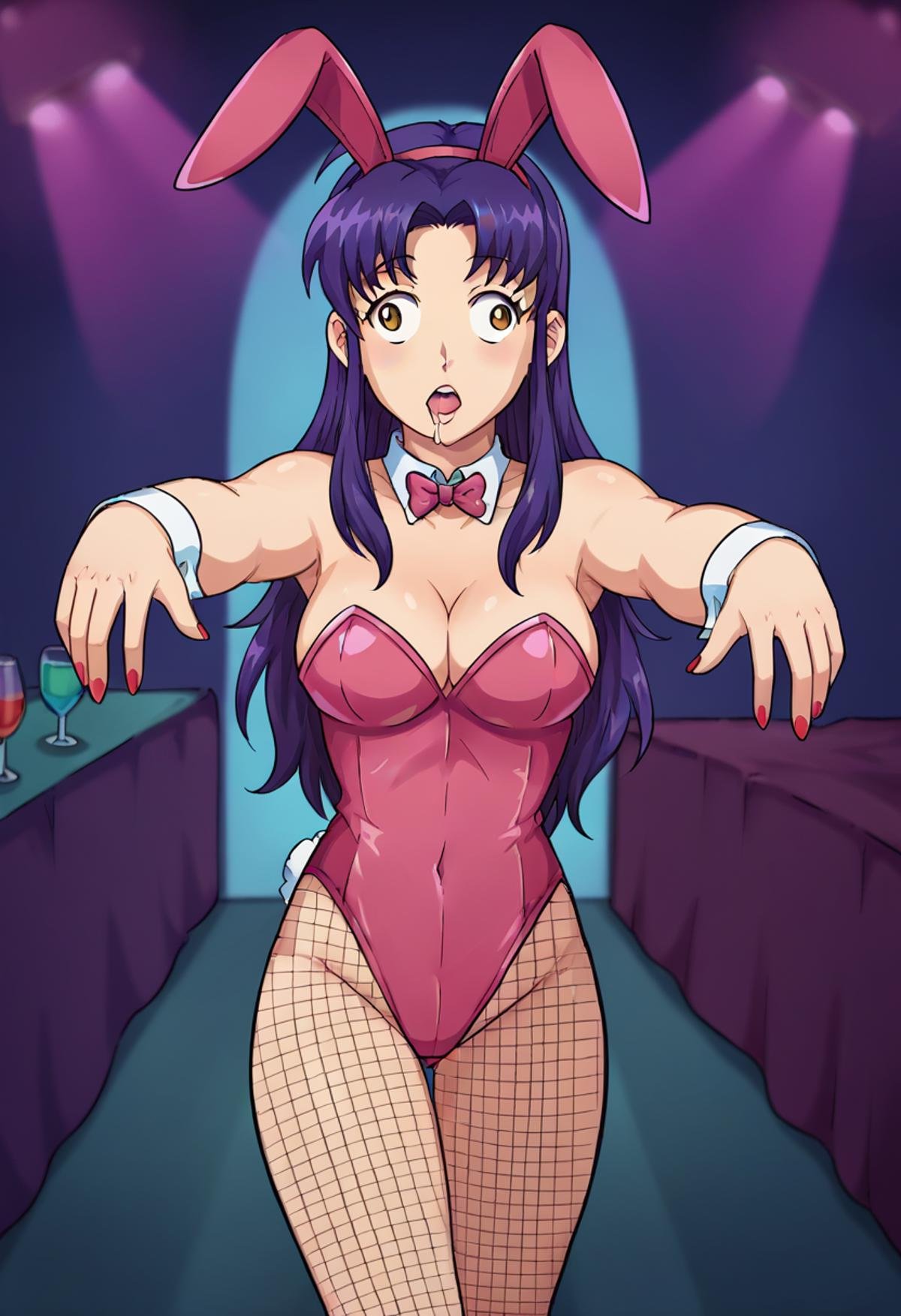 score_9,score_8_up, score_7_up, source_anime, rating_questionable, 1girl, solo, misato_katsuragi, wa11_3y3s, wall-eyed, saliva, <lora:Wall_Eyes_-_Pony:0.8>, cleavage, bunnygirl, playboy_bunny, outstretched_arms, walking, zomb1e_wa1k, fishnets<lora:Zombie_walk_v2:0.8>