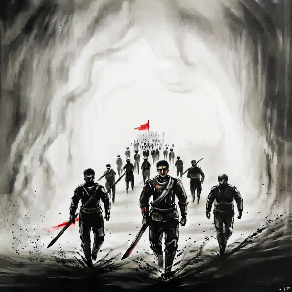 ink painting, a painting of a group of people walking through a tunnel of smoke and snow with a flag on top, holding, standing, weapon, multiple boys, sword, holding weapon, armor, holding sword, helmet, letterboxed, polearm, spot color, 6+boys, shield, spear, flag, full armor, banner, soldier
