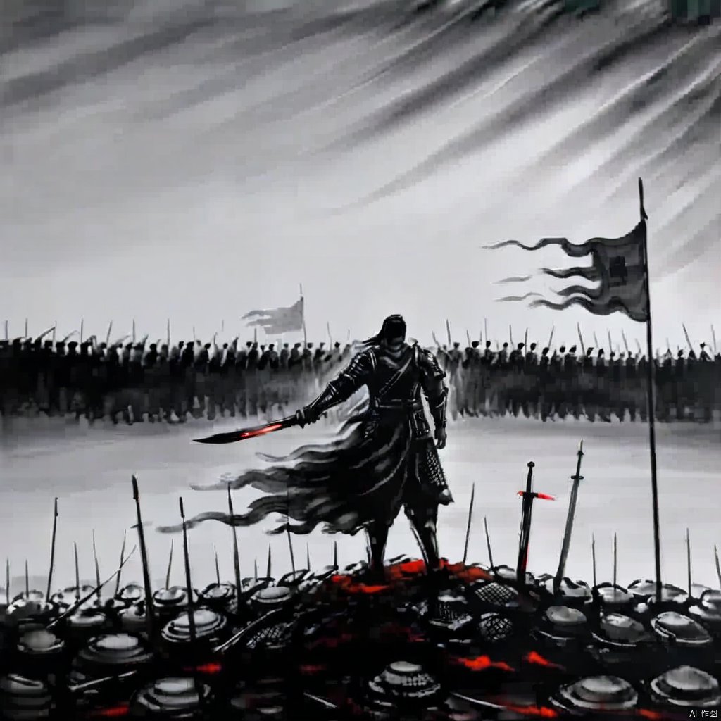 ink painting, A painting of a man holding a flag standing on a body hill with many people in the background, holding, standing, monochrome, weapon, male focus, multiple boys, sword, cape, holding weapon, armor, holding sword, helmet, letterboxed, polearm, spot color, spear, flag, full armor, hat, blood
