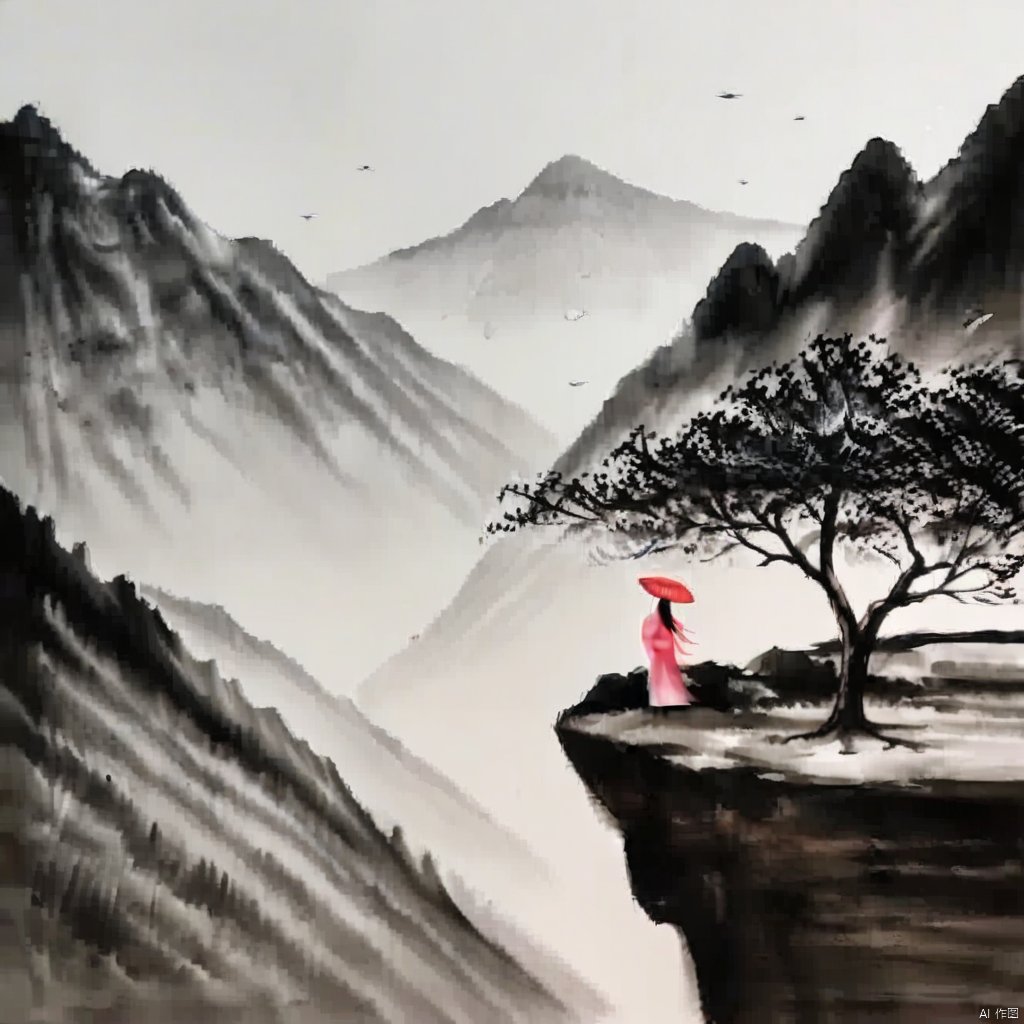 ink painting, a painting of a woman with a red umbrella standing on a mountain top with a tree and mountains in the background, 1girl, solo, long hair, sitting, pink hair, outdoors, japanese clothes, kimono, tree, umbrella, scenery, mountain, oil-paper umbrella, stairs, wide shot
