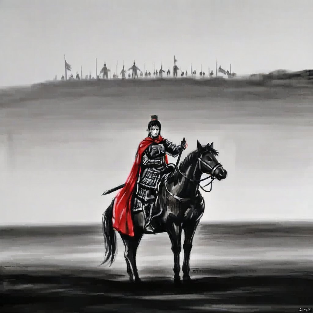 ink painting, a painting of a man on a horse with a sword and a woman on a horse with a red cape, weapon, multiple boys, sword, cape, armor, letterboxed, polearm, riding, horse, soldier, horseback riding, helmet, 6+boys, army
