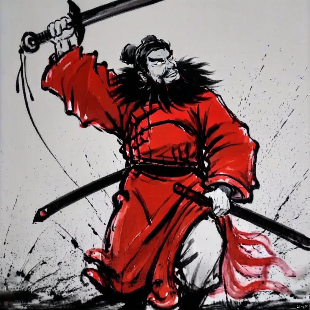 ink painting, a painting of a man holding a sword in his hand and a red coat on his head and a black and white background, solo, black hair, 1boy, holding, weapon, male focus, sword, holding weapon, facial hair, letterboxed, beard, arms up, holding sword