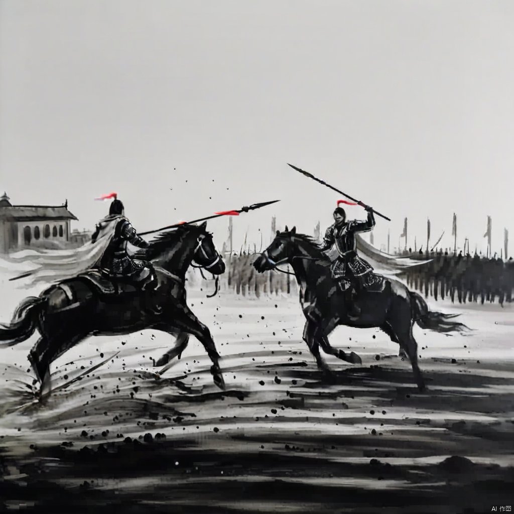 ink painting, a painting of two men on horses chasing a horse in the snow with a building in the background and a person on a horse in the foreground, holding, monochrome, weapon, male focus, multiple boys, sword, 2boys, cape, holding weapon, armor, holding sword, helmet, polearm, spot color, spear, battle, riding, holding polearm, horse, horseback riding, outdoors, letterboxed, flag, grey sky
