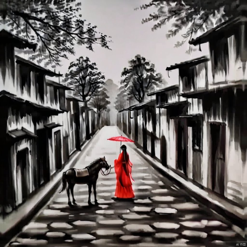 ink painting, a painting of a woman in a red dress holding an umbrella on a street with buildings and a horse, 1girl, solo, japanese clothes, kimono, tree, umbrella, letterboxed, scenery, lantern, stairs, oil-paper umbrella, torii, shrine, 1boy, spot color, architecture, east asian architecture
