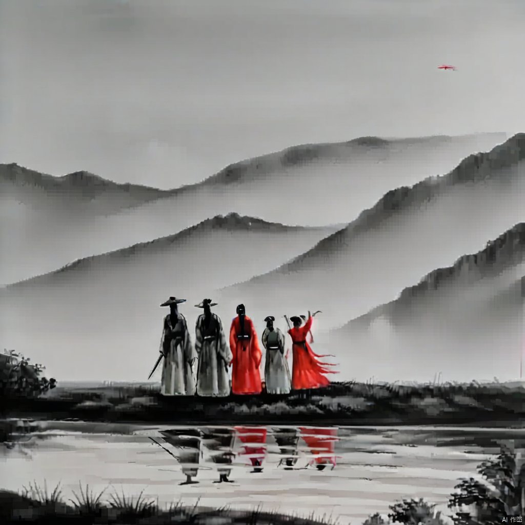 ink painting, a painting of people walking across a river in the mountains with a red umbrella on their head and a red umbrella in their hand, long hair, red hair, outdoors, water, scenery, reflection, 1girl, weapon, multiple boys, sword, letterboxed, mountain, lake, grey sky
