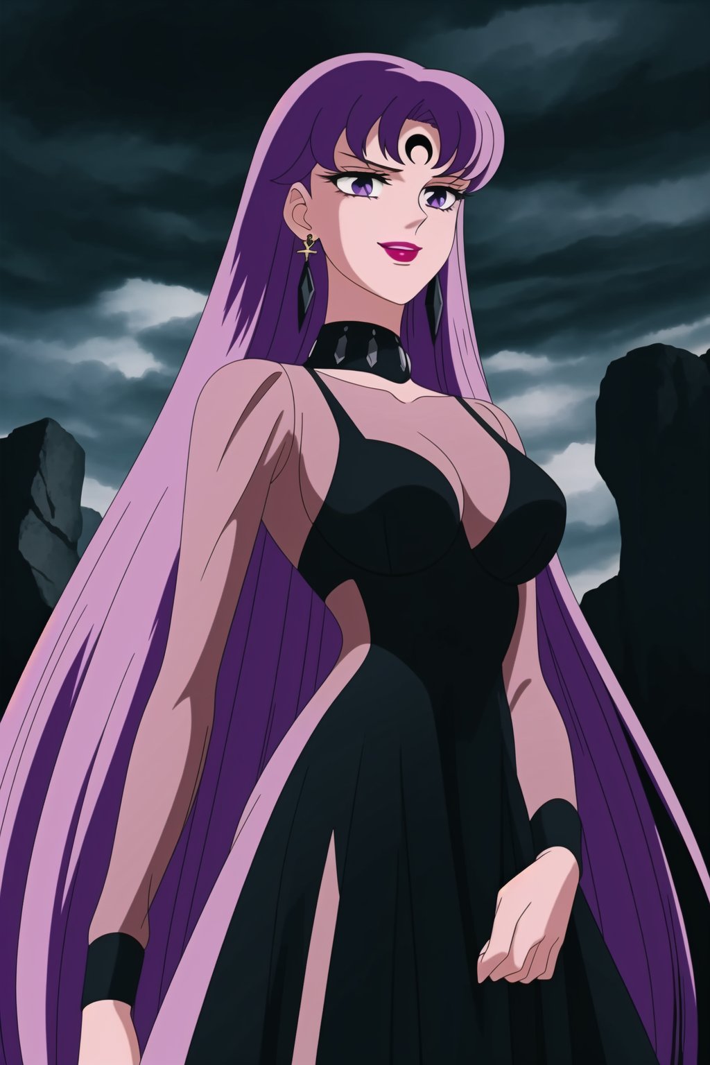 (best quality), (highly detailed), masterpiece, (official art), Saori Kido, long hair, purple hair, purple eyes, makeup, ((forehead mark, crescent facial mark, black crystal earrings)), aged up, evil smile, lips, lipstick, posing, anime coloring, ((black dress, long sleeves, see-through)), pink dress, side slit, A dark and mysterious female character inspired by the style of classic anime. She has an evil face with an evil smile, giving her an imposing and intimidating presence. The overall atmosphere is dark and mysterious, with a sense of power and control emanating from her posture.,