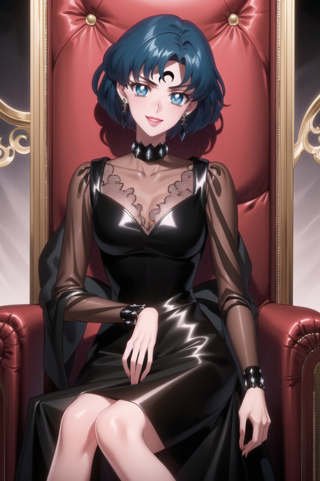 (best quality), (highly detailed), masterpiece, (official art), sailor mercury,short hair, blue hair, ((forehead mark, crescent facial mark, black crystal earrings)), aged up, evil smile, lips,  ((black dress, long sleeves, see-through)), pink dress, sitting, throne