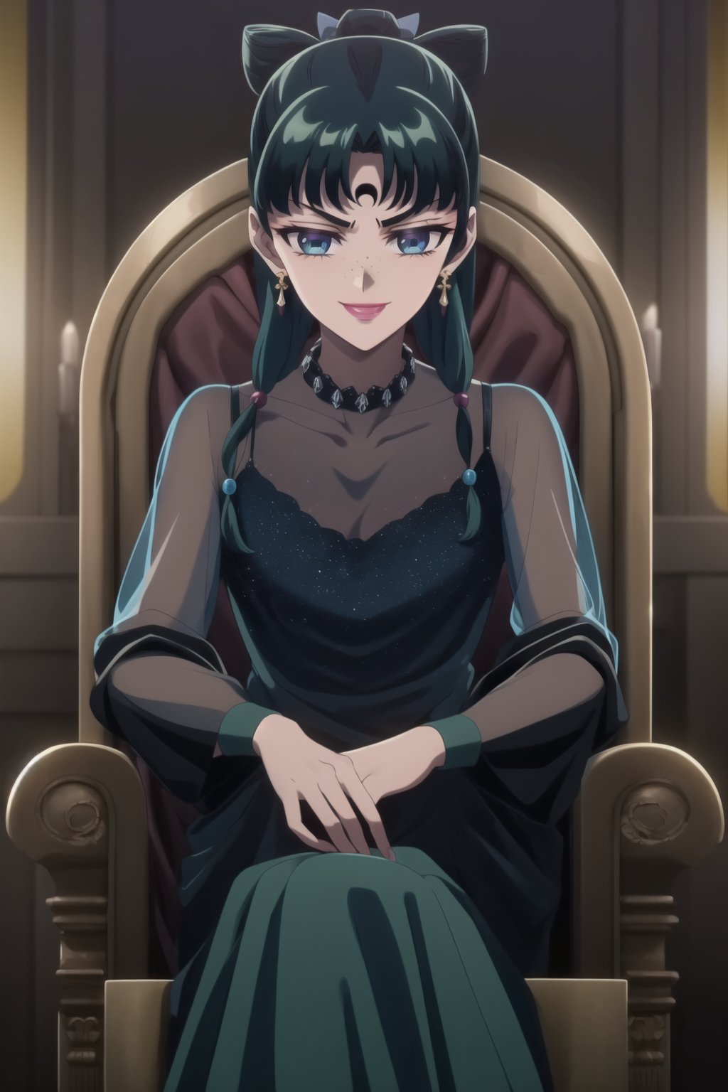 (best quality), (highly detailed), masterpiece, (official art), maomao,1girl,blunt bangs,green hair,blue eyes,sidelocks,twin braids,hair over shoulder,hair beads,half updo,single hair bun,hair ribbon,freckles, forehead mark, crescent facial mark, black crystal earrings, aged up, evil smile,  black dress, long sleeves, see-through,  sitting, throne,