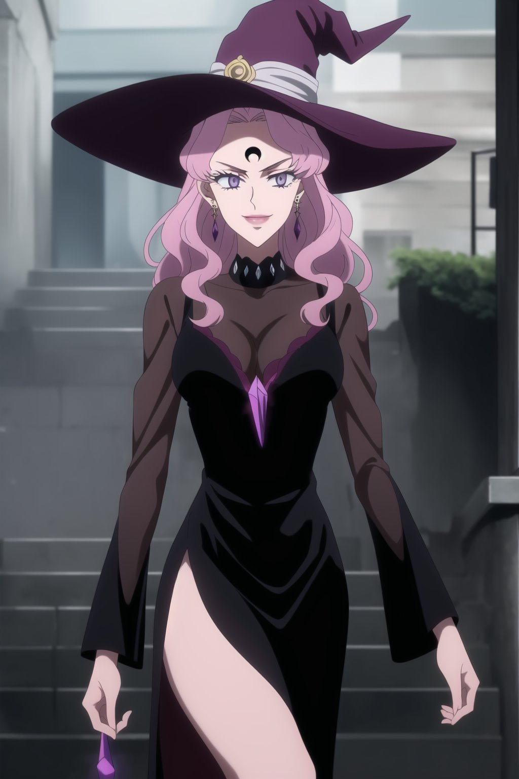 (best quality), (highly detailed), masterpiece, (official art), Vanessa, pink hair, purple eyes, long hair, bangs, witch hat, makeup, ((forehead mark, crescent facial mark, black crystal earrings)), aged up, evil smile, lips, lipstick, posing, anime coloring, ((black dress, long sleeves, see-through)), pink dress, side slit, A dark and mysterious female character inspired by the style of classic anime. She has an evil face with an evil smile, giving her an imposing and intimidating presence. The overall atmosphere is dark and mysterious, with a sense of power and control emanating from her posture.,